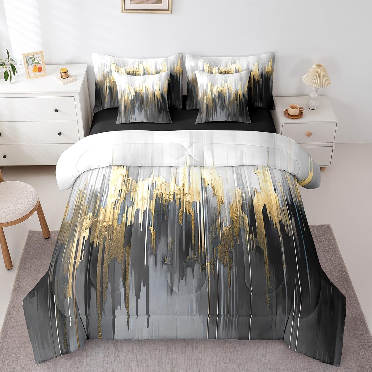 Black Grey Twin Comforter Set 7 Pieces Greyish White