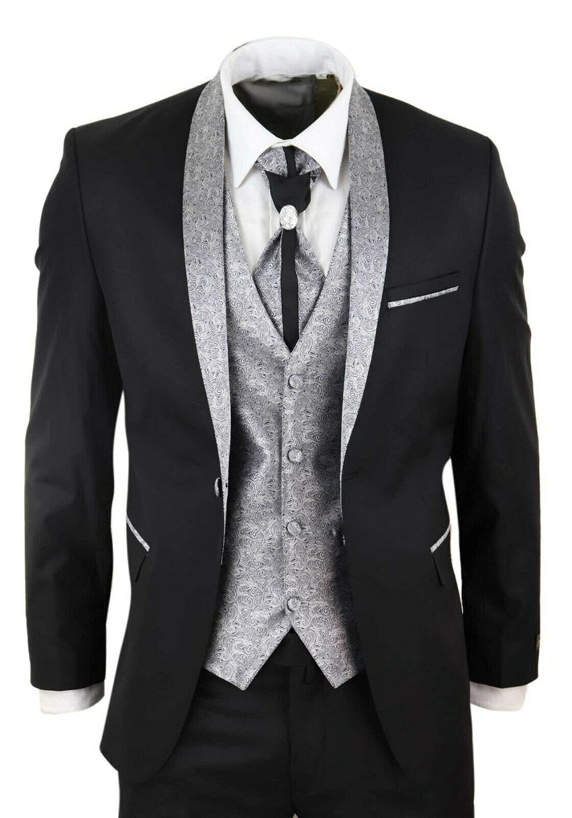 Tru Clothing Abito Completo Nero da Sposo con Chiusura a 2 Bottoni in 4 Pezzi con Colletto a Scialle e Cravatta, vestibilità su Misura, Stile Classico