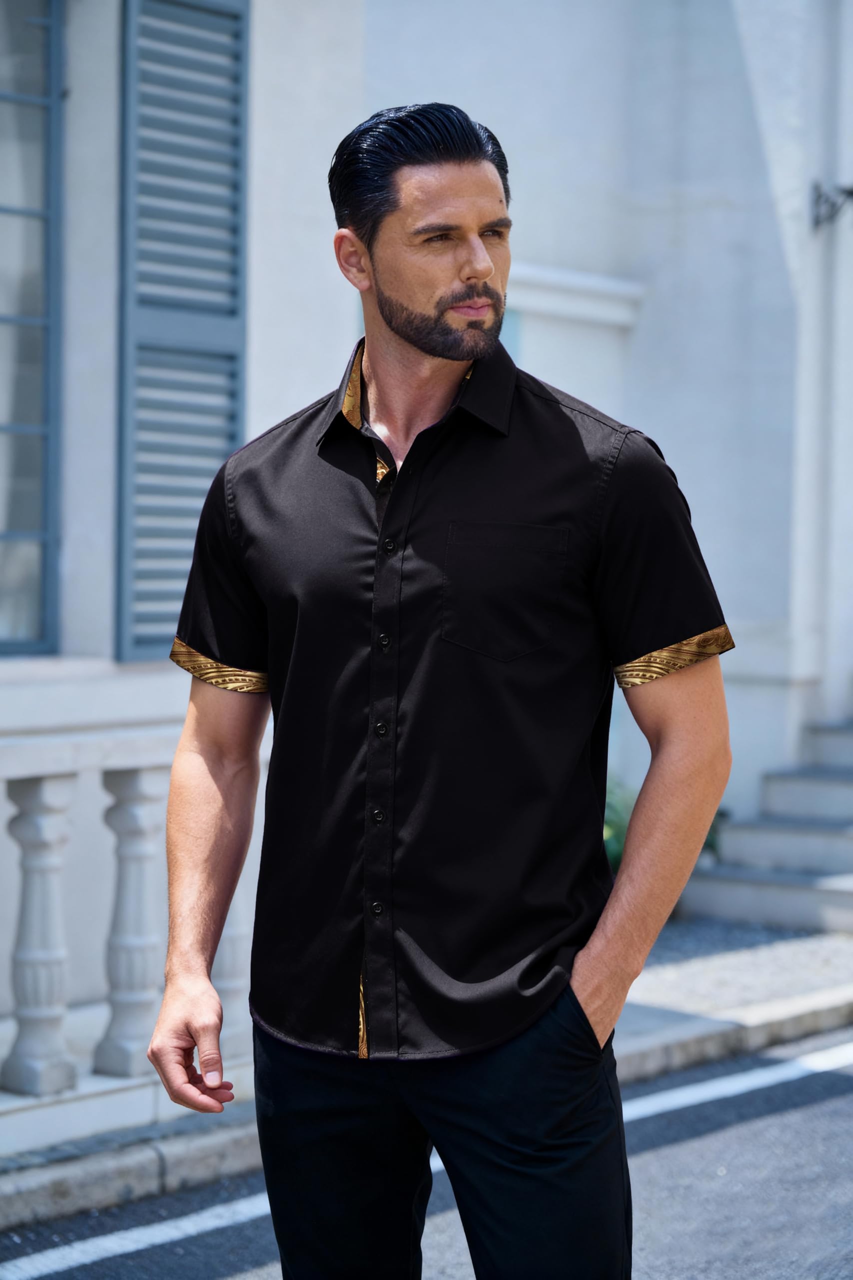 Barry.Wang Chemise à manches courtes boutonnée pour homme - Style formel - Décontracté - Coupe contrastée - Pour l'été, le travail, le mariage, le yacht
