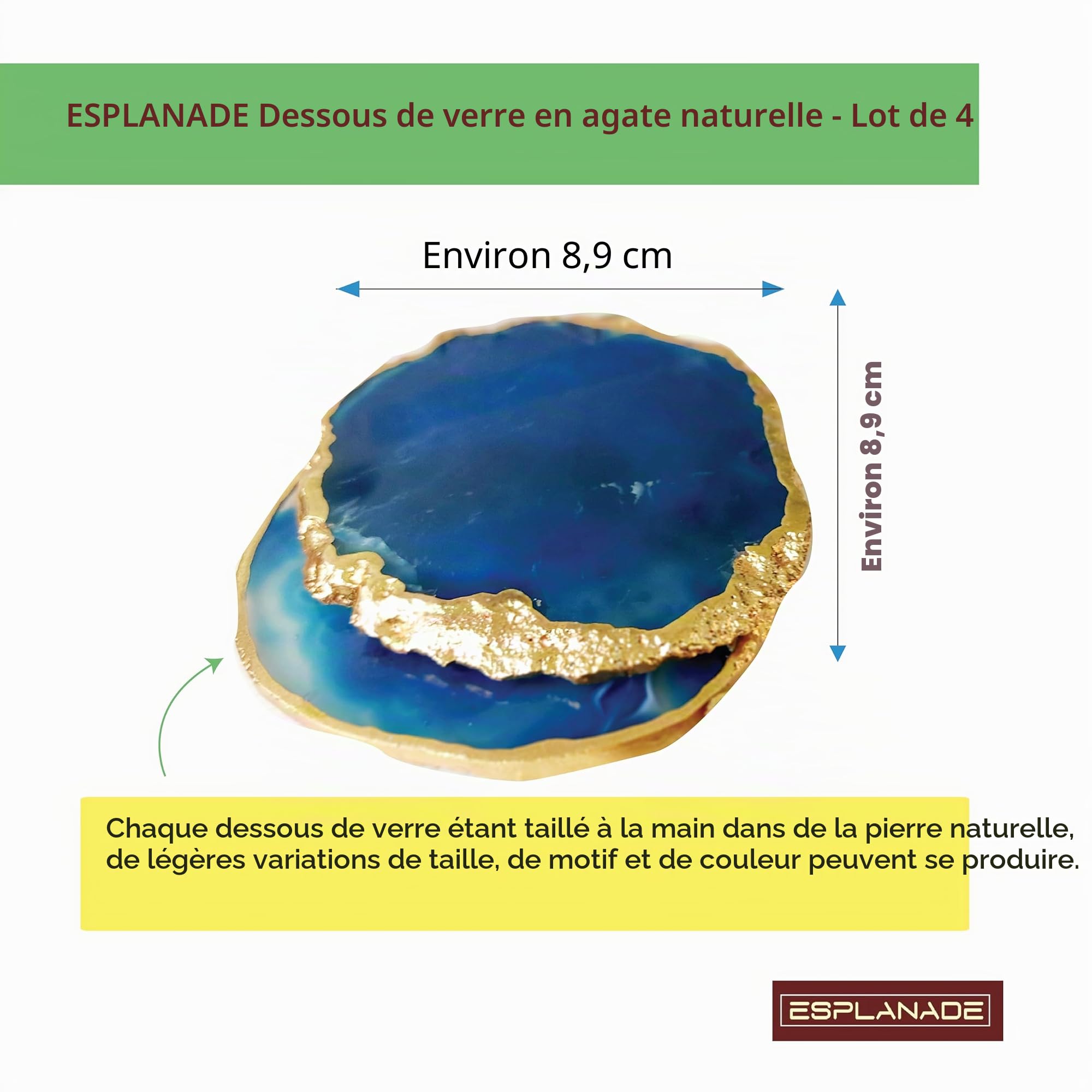Esplanade Dessous de Verre en Agate Naturelle Bar Bière Café Thé Dessous de Verre - Ensemble de 4 Dessous de Verre - Accessoires de Table Parfaits Vaisselle Violet…