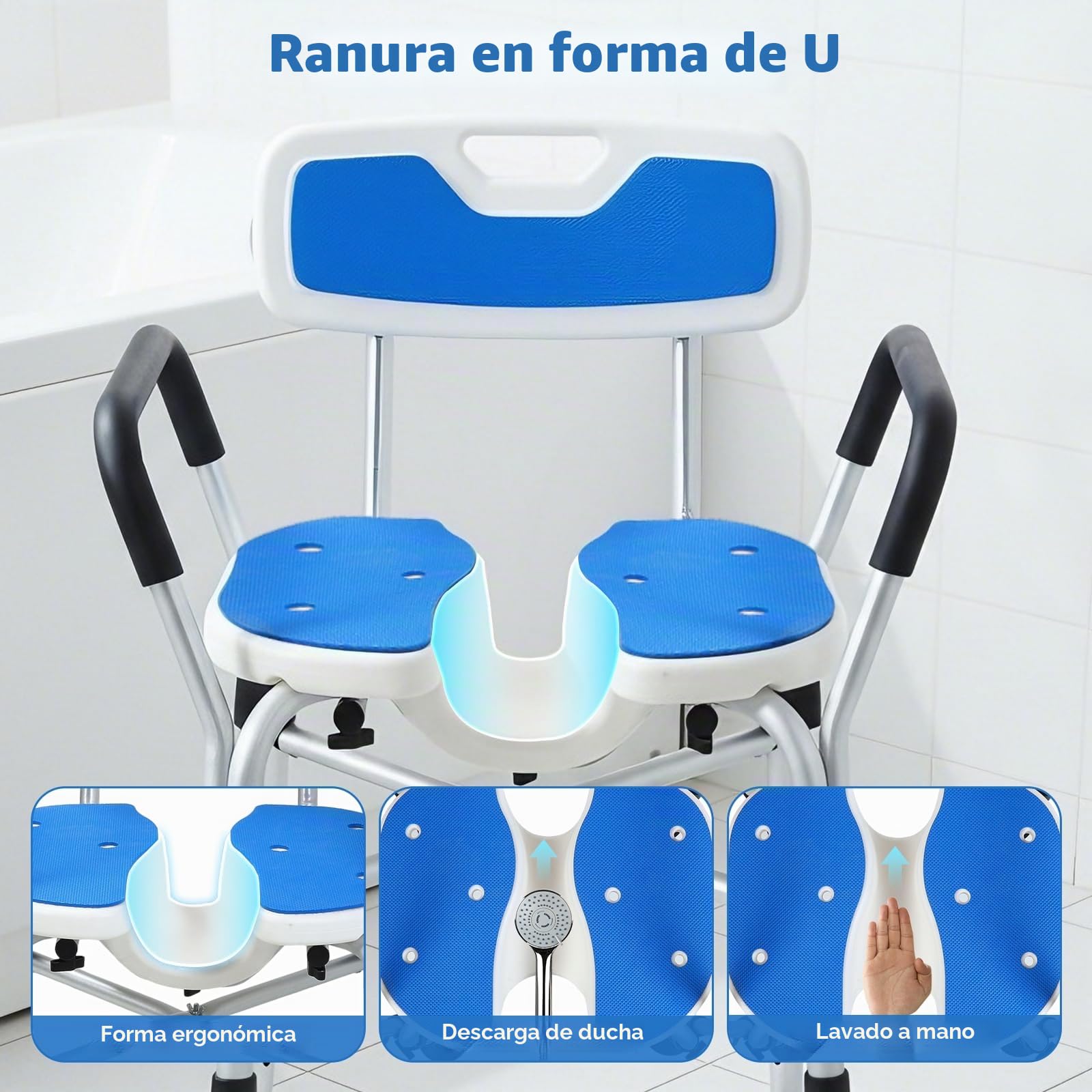 Silla de Ducha en U, Taburete de Ducha Ajustable de 5 Niveles con Ventosas, Silla de Baño de Capacidad de 150kg con Asiento en Forma, Banco de Ducha para Adultos Discapacitados y Mujeres Embarazadas