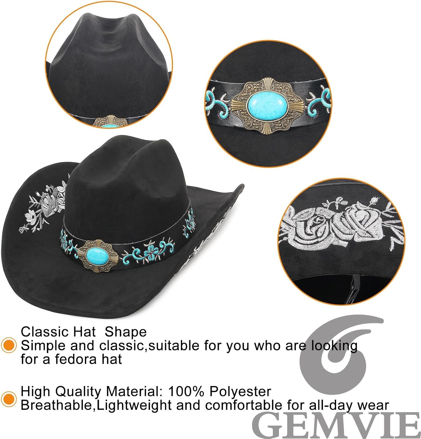 GEMVIE Turquoise Western Cowboy Hat for Men Women Big Brim Suede Cowgirl Hat Brown Embroidery with Chin Strap - Image 6