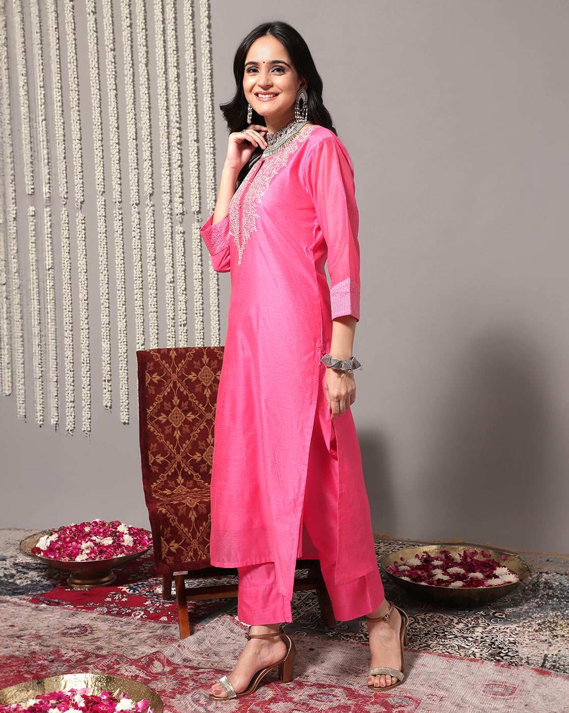Varanga Women Pink Floral Embroidered Regular Chanderi Silk Kurta With Trousers & With Dupatta