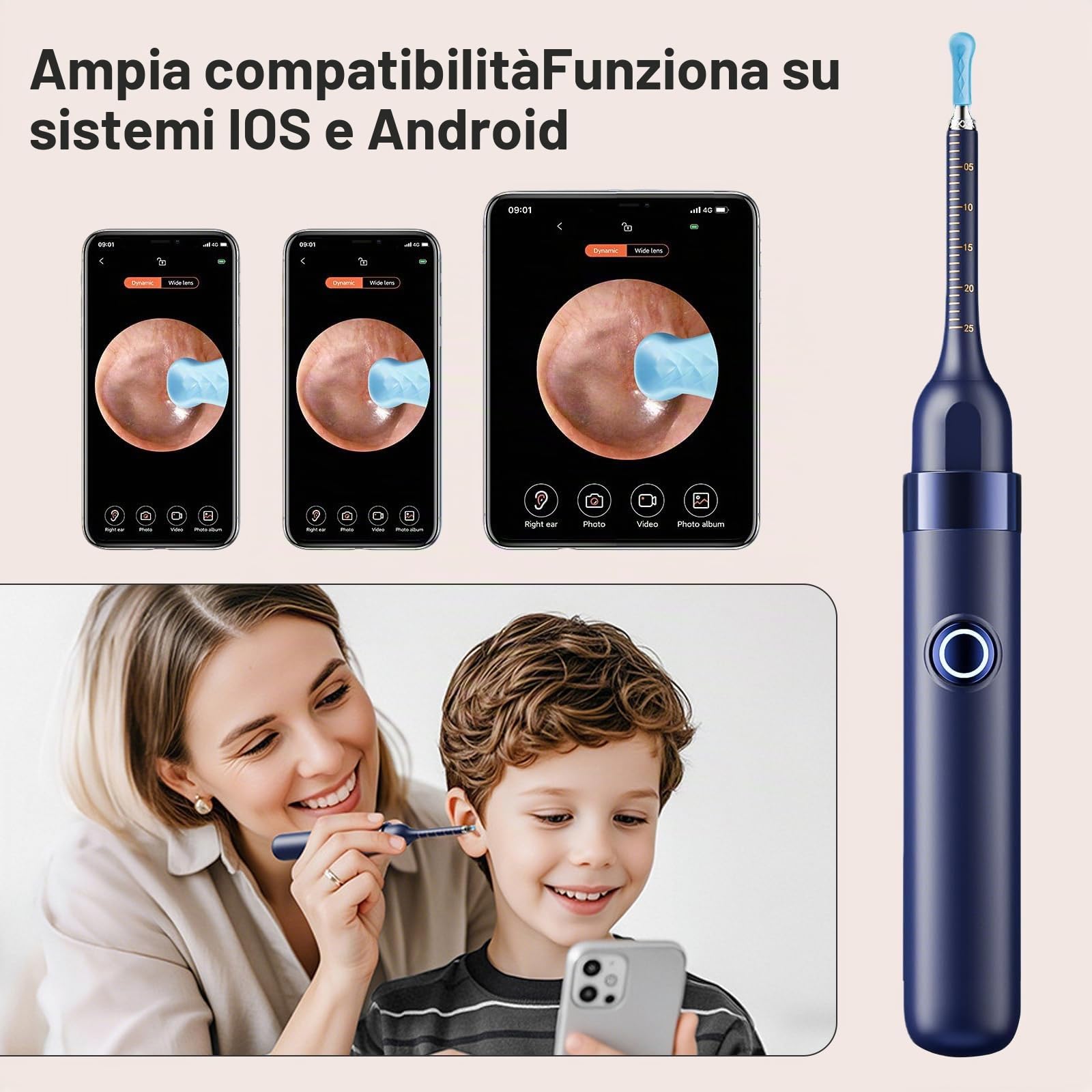 Pulitore Orecchie con Telecamera 1296P HD – Otoscopio WiFi con 6 LED, Vista 360°, per Esame Orecchio Naso Gola, Kit Strumenti Completo (IP67 impermeabile)