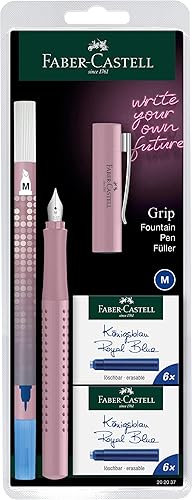 Faber-Castell 202037 Grip 2010 Harmony Pluma estilográfica, punta M, rosa Shadow, con borrador de tinta y 12 cartuchos de repuesto