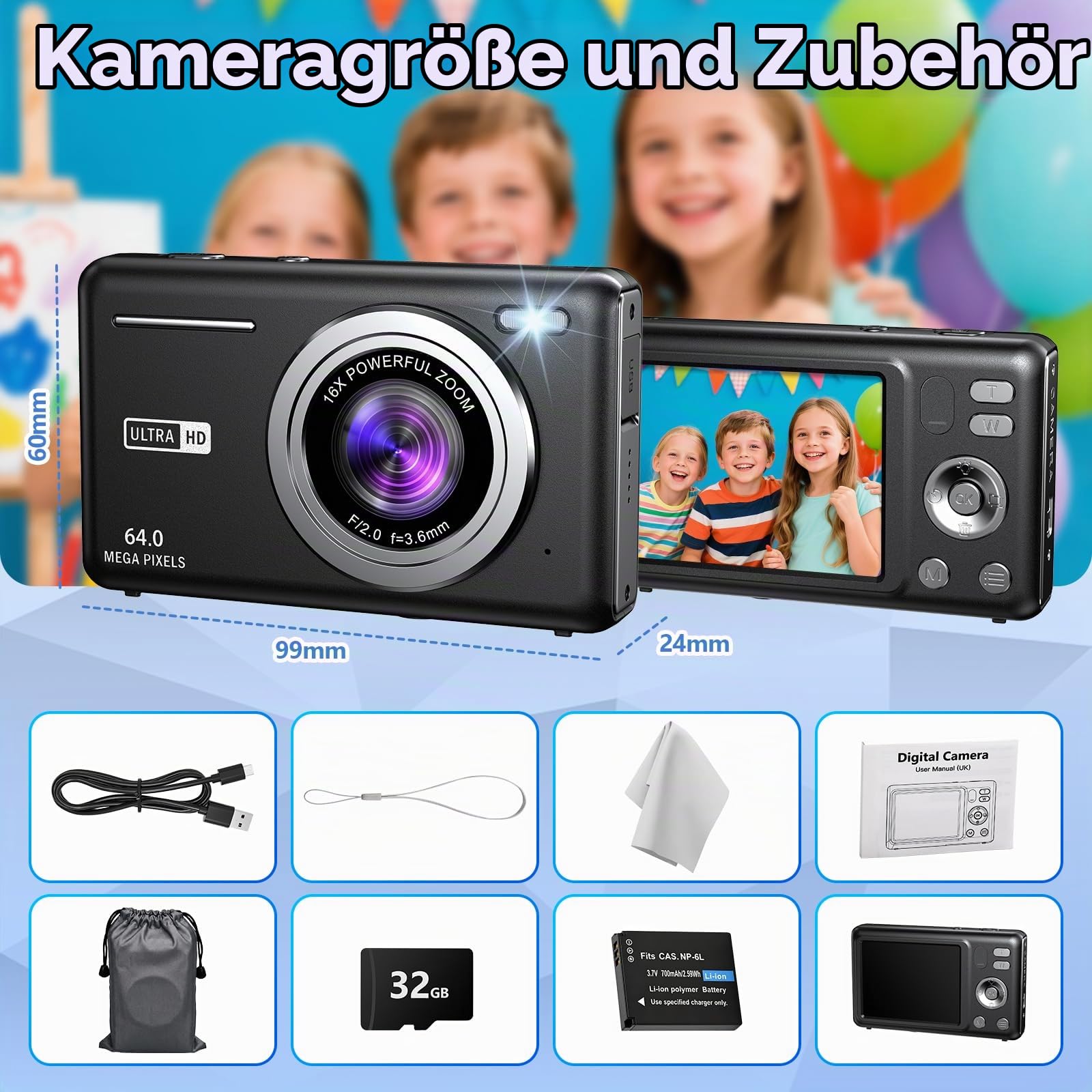 Digitalkamera, AutoFocus 4K 64MP Fotokamera 16X Digitalzoom Fotoapparat mit 32 GB SD Karte, 2,8" Großem Bildschirm Kompaktkamera Digital Kamera für Teenager Erwachsene Anfänger (Schwarz)