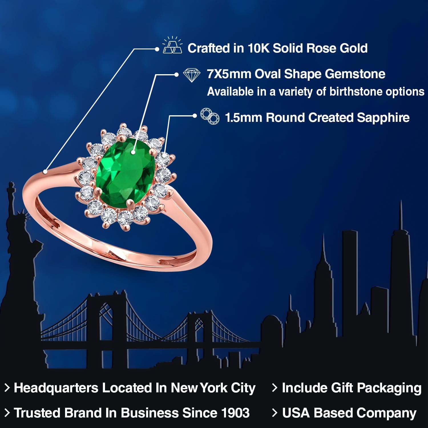 Gem Stone King 10K Rose Gold Oval 7X5MM Gemstone Birthstone and White Created Sapphire Engagement Ring For Women | Wedding Engagement Anniversary Ring For Women | Available in Size 5,6,7,8,9