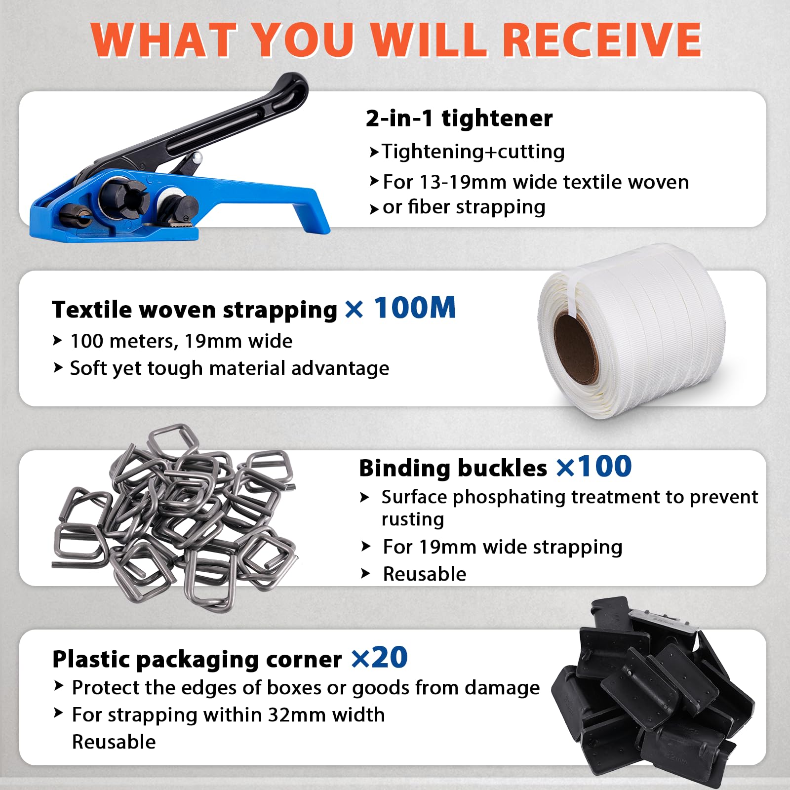 BAOSHISHAN Umreifungsset mit 19mm Textilband gewebt für Palettenverpackung (2-in-1 Spanner, 100m Textil Umreifungsband, 100 Phosphatknopf, 20 Verpackungsecke)