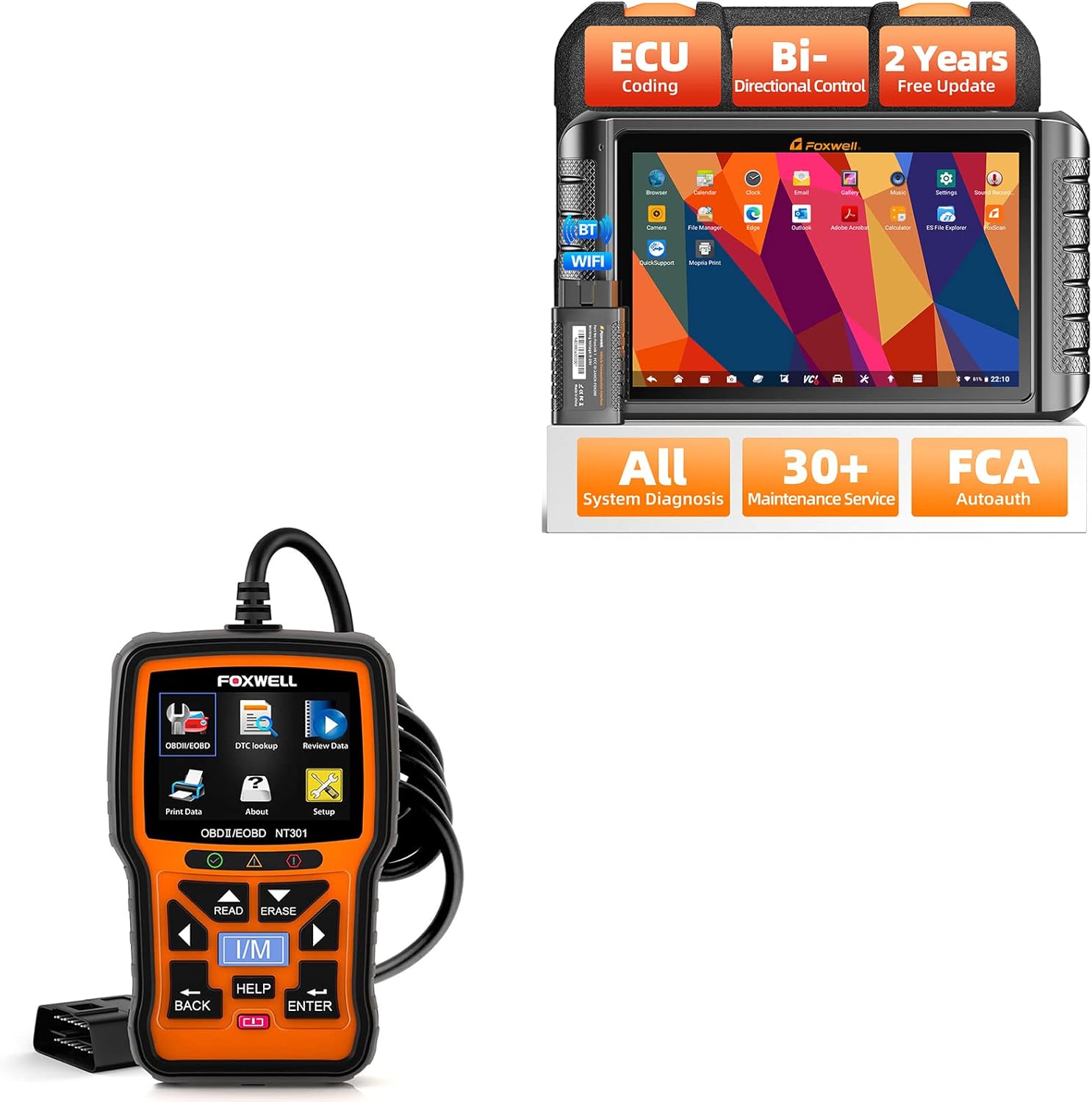 FOXWELL NT1009 tablet and NT301 OBD2 scanner side-by-side