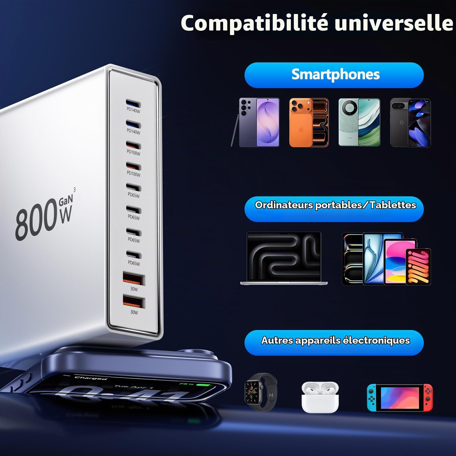 Chargeur USB-C 800W, 10 Ports – 8X USB-C + 2X USB-A, Double PD PPS, Compatible MacBook Pro/Air, iPhone 16/15/14, Galaxy S25/S24/S23