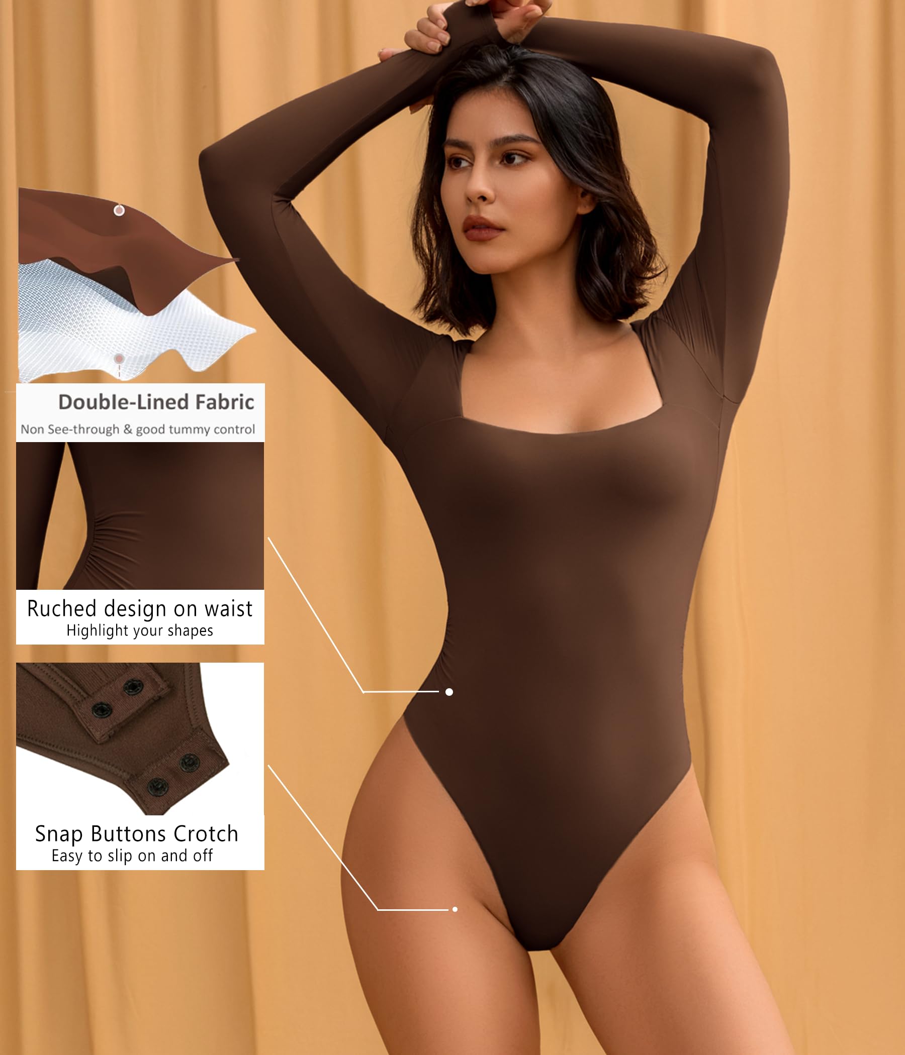 Avidlove Body sexy de manga larga para mujer, cuello cuadrado, doble forro fruncido, cierre a presión