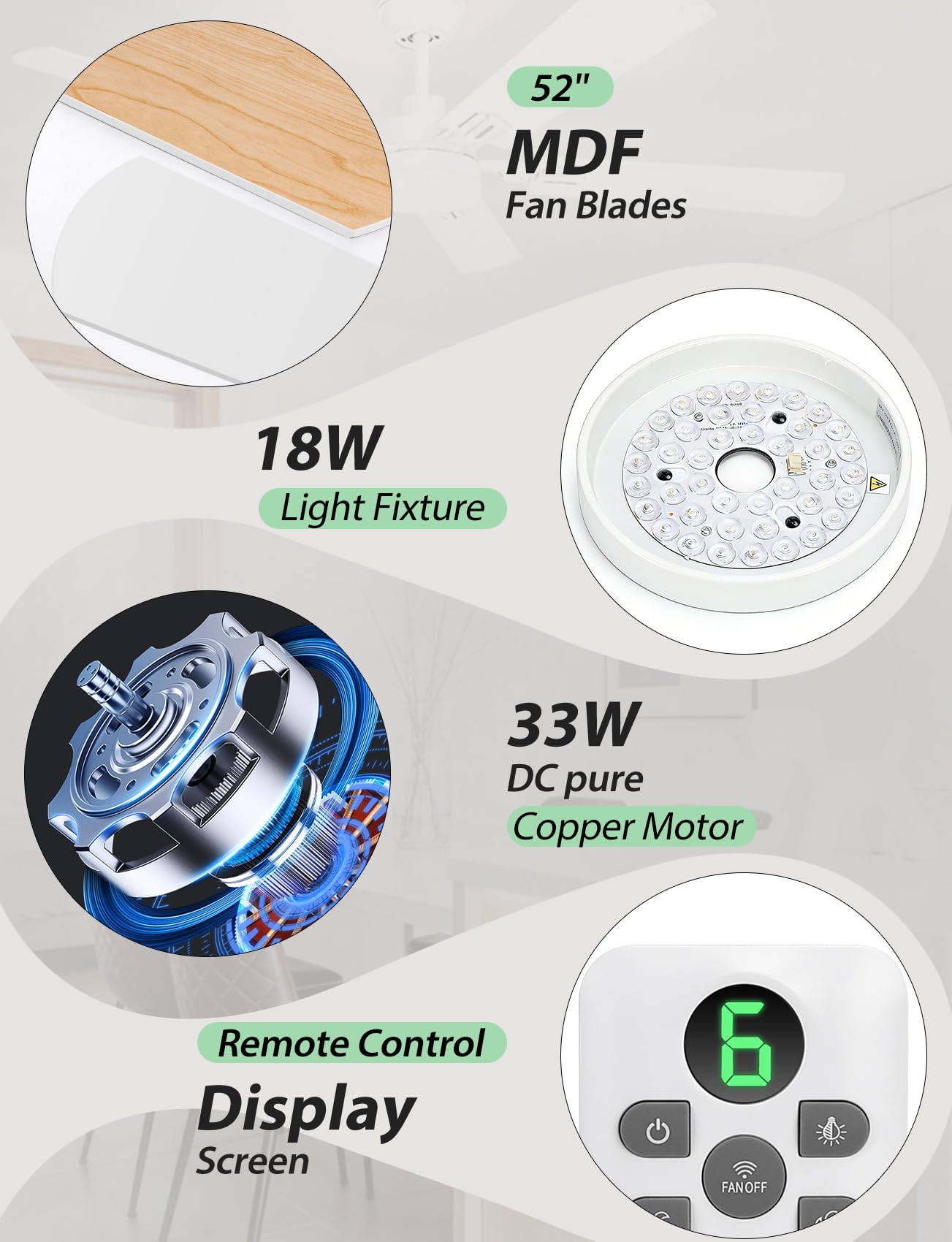 Aigostar Ventilador de Techo con Luz Silencioso 52″, Motor DC Reversible 33W, Mando a Distancia, 6 Velocidades, 3000K/4000K/6000K Regulable, Ideal para Dormitorio, Sala o Cocina. Ø132 cm