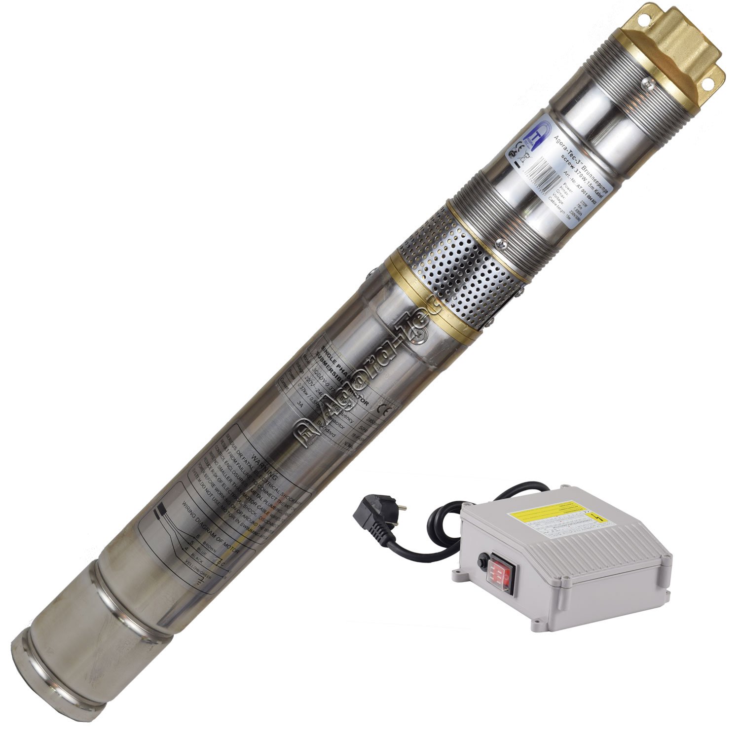 Agora-Tec® 3 Zoll Tiefbrunnenpumpe 370W-screw Set 15m Kabel | inkl. Pumpensteuerung Dwv-5 & Trockenlaufschutz | Schraubenpumpe sandresistent | 1800l/h | 75m Förderhöhe | 7,5 bar | Ø 76mm
