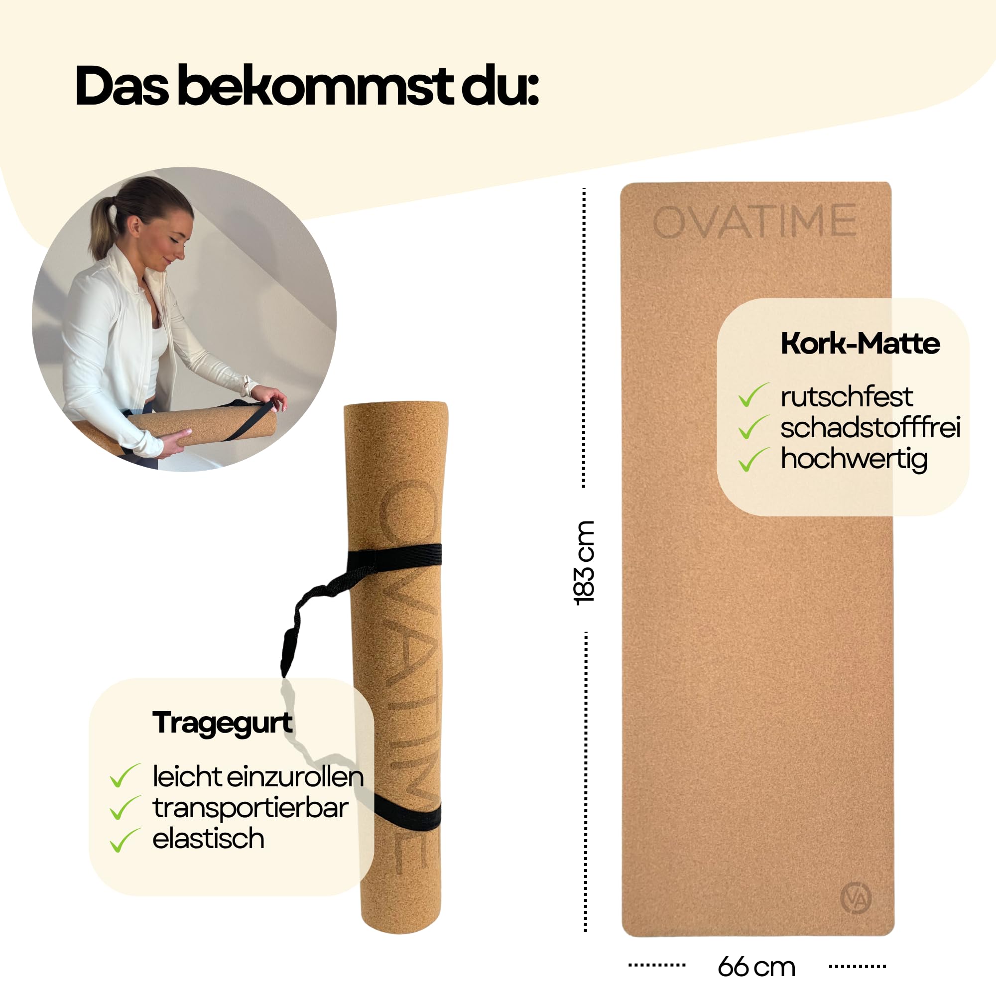 OVATIME Kork Gymnastikmatte – rutschfest & wasserabweisend – Yogamatte aus Naturkork & Naturkautschuk, nachhaltig, 183×66 cm für Yoga, Pilates & Fitness