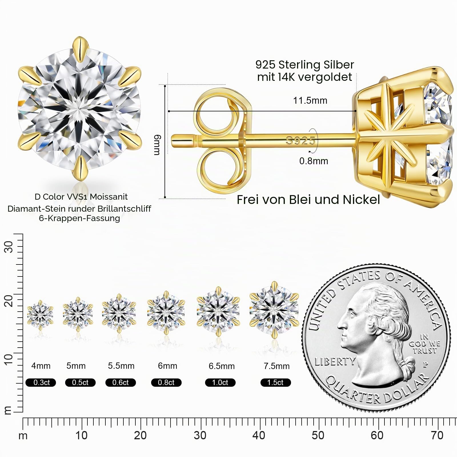 KRKC Moissanite Ohrringe für Damen, S925 Silber Diamant Ohrstecker 3/4/6-Krappen, 14K Gold/Weißgold vergoldet VVS1 D Farbe, 0,6/1/1,2/1,6/2/3 Karat Nickelfrei Rund Ohrschmuck