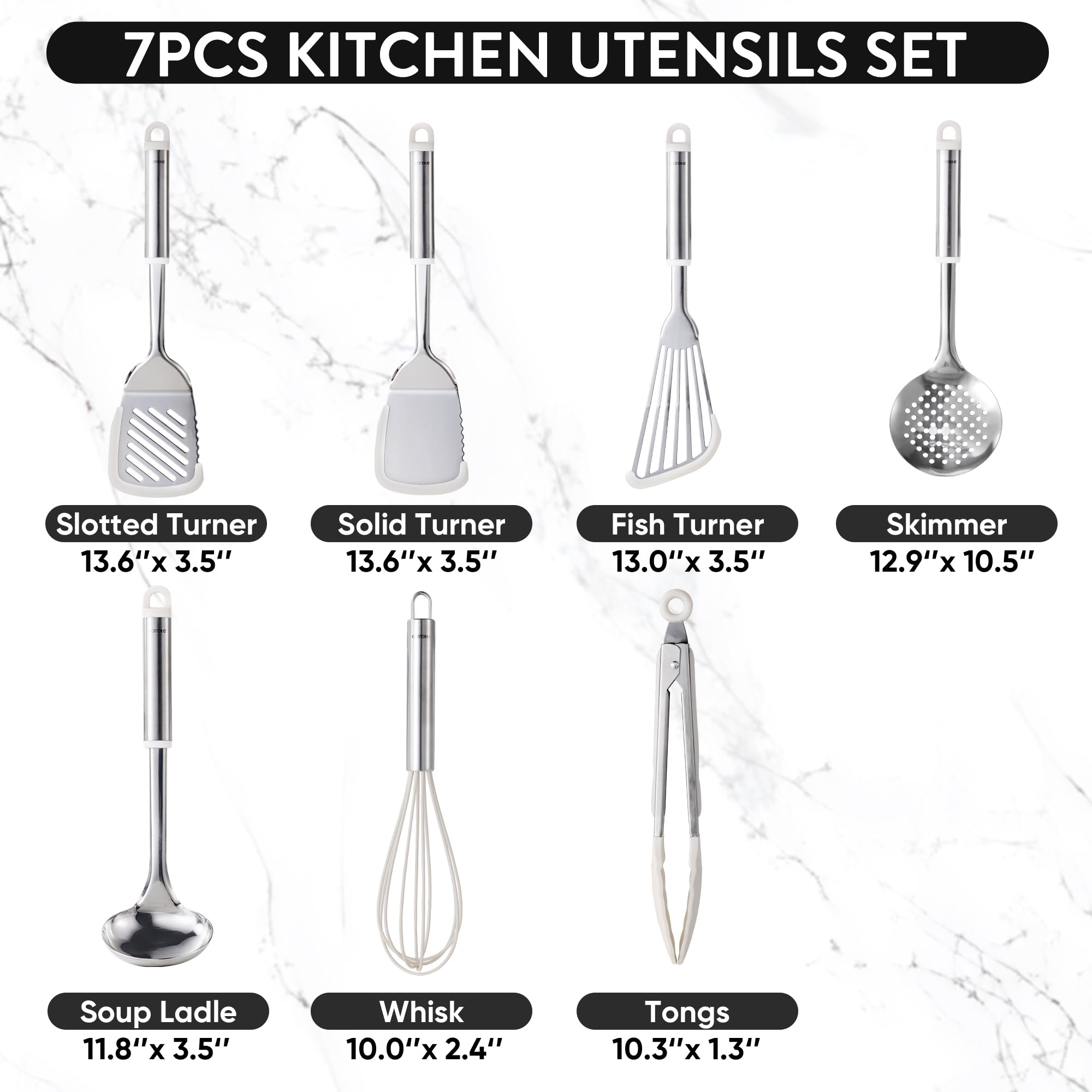 CAROTE 7PCS Stainless Steel Cooking Utensils Set, Kitchen Tools for Stainless Steel Pots and Pans with Silicone High Temperature Resistance Dishwasher Safe