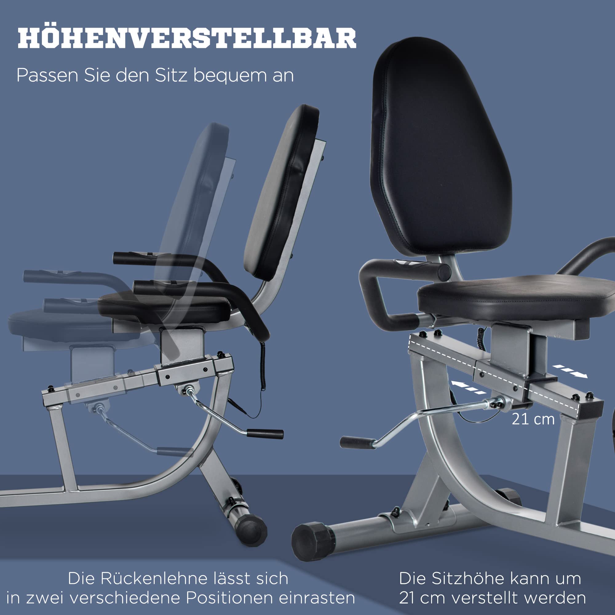 HOMCOM Domowy miernik do leżenia trenażer rowerowy z wyświetlaczem LCD, regulowany ciężar użytkownika do 110 kg, 8-stopniowa regulacja oporu magnetycznego, stal ABS