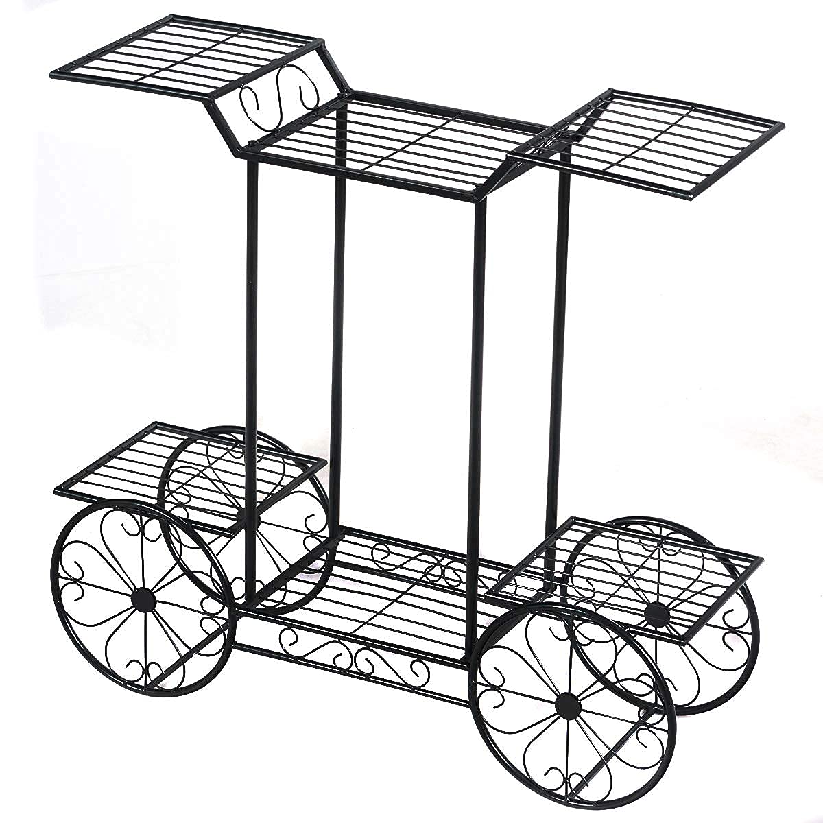 GIANTEX Étagère à Fleurs en Forme de Chariot. Support Métallique pour Jardin avec 6 Etagères.Présentoir de Fleurs avec Roues Décoratives, pour Intérieur & Extérieur, Noir