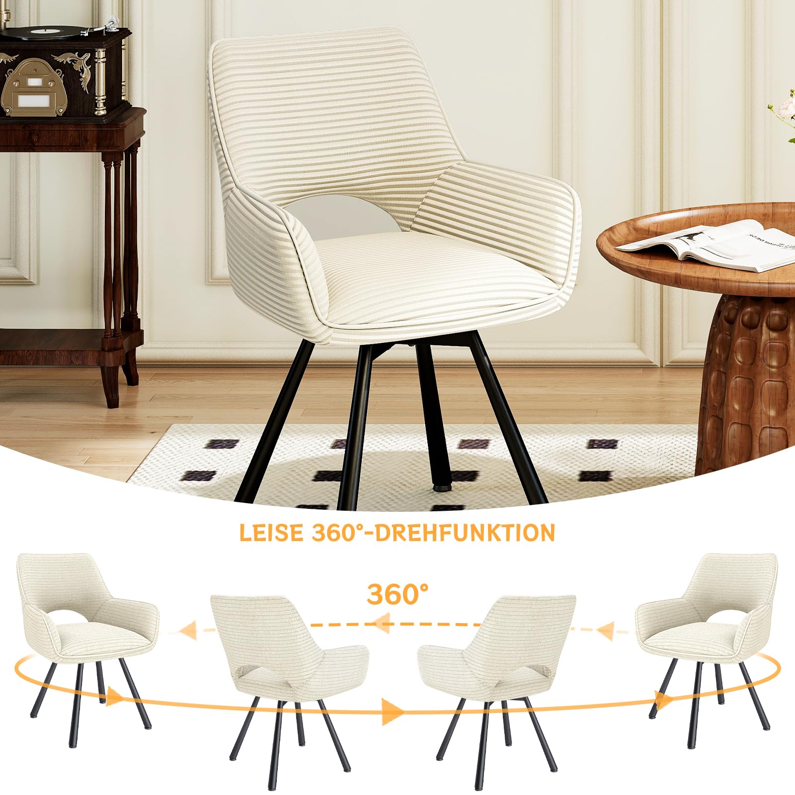 WAFTING Esszimmerstühle Drehbar 360°,Armlehnstuhl mit Metallbeinen,geeignet als Stühle Esszimmer,Samt Stuhl,Küchenstühle,Wohnzimmerstuhl,Polsterstuhl mit Samtigem Gefühl,Stühle 2er Set,Beige