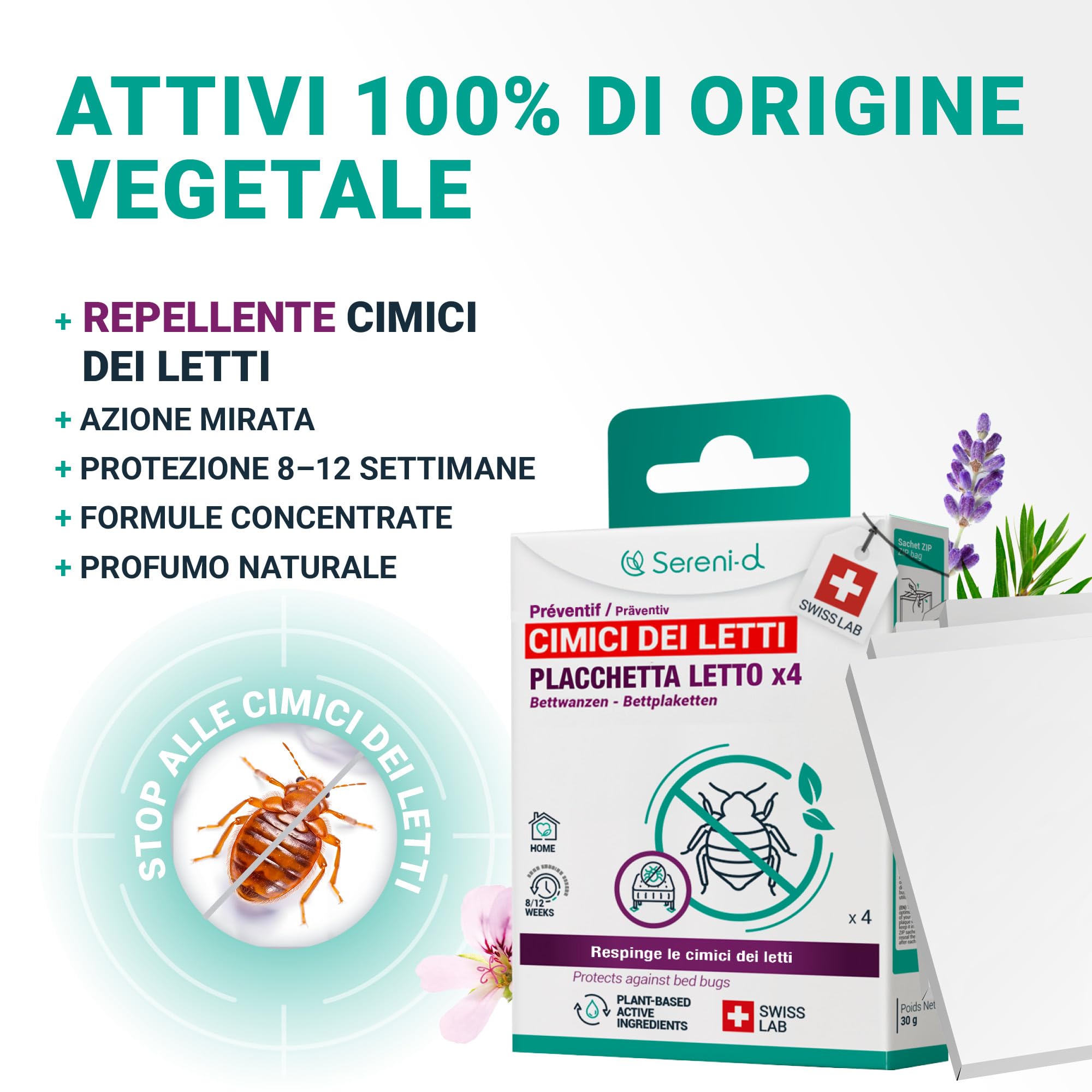 PIASTRE LETTO repellenti per CIMICI DEI LETTI - Protegge dalle cimici dei letti durante il sonno - x4 Sereni-d SWISS LAB