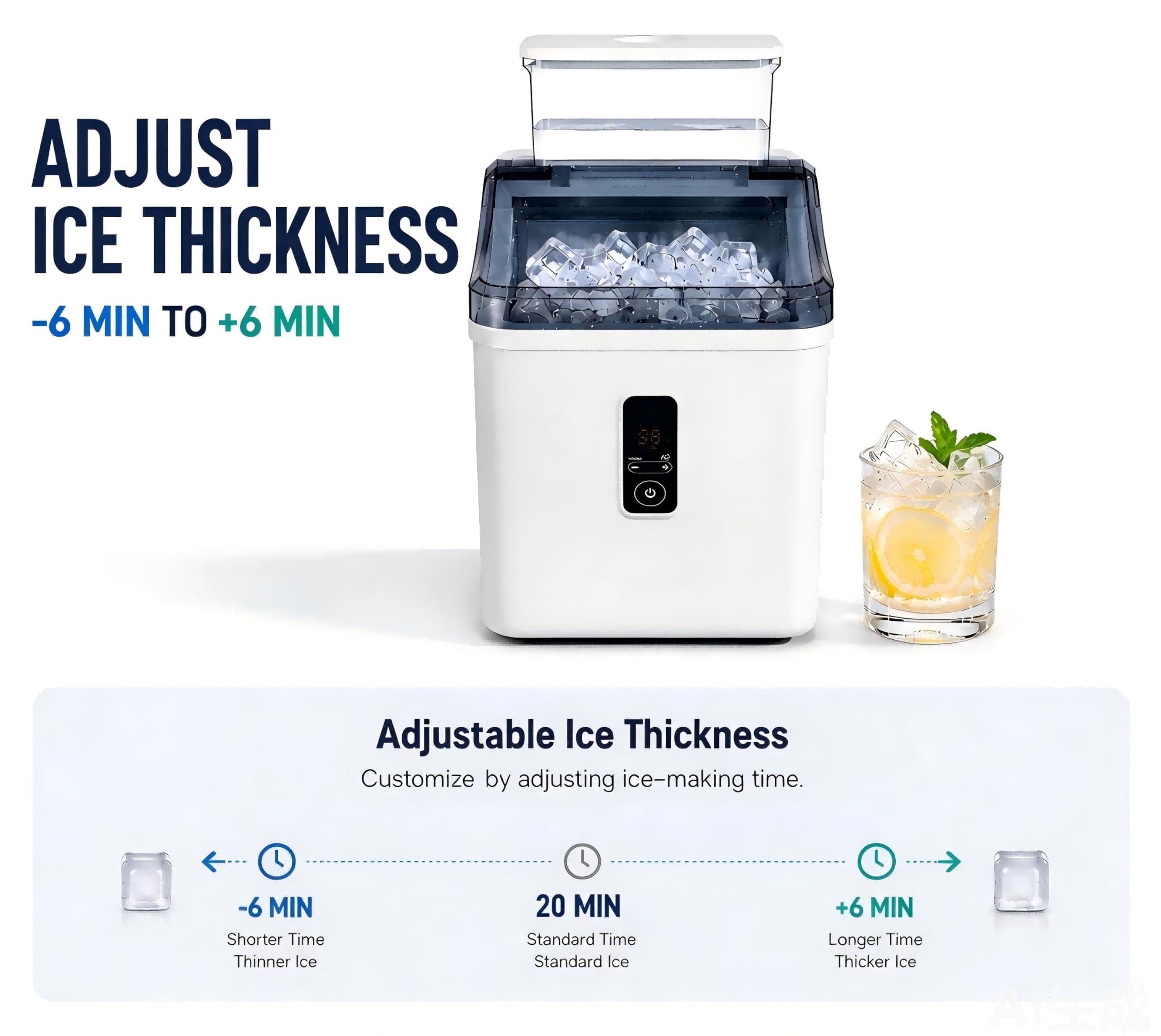 Máquina de hielo de mesa con dos posibilidades de llenado de agua, máquina de hielo portátil autolimpiable para el hogar, fuerza de hielo ajustable, temporizador de 1 a 24 horas, hielo listo en 20