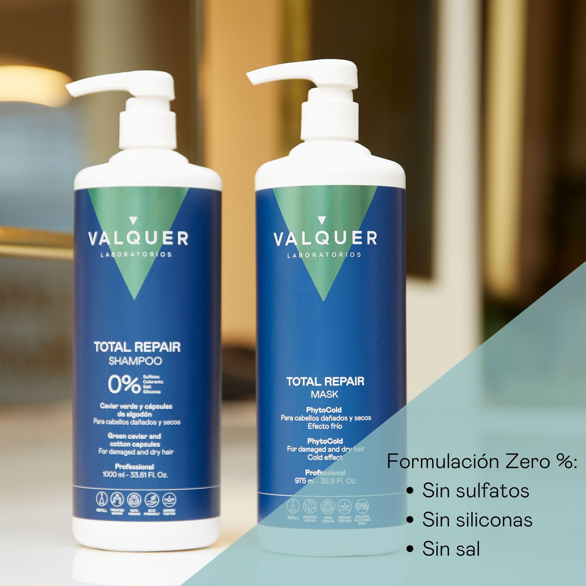 Valquer Champú Total Repair Zero. Repara, Suaviza e Hidrata el Cabello Dañado y Seco. Hidratación Intensa y Nutritiva. Con Caviar Verde, Panthenol, Vitamina E y Cápsulas de Algodón. Vegano. 1 L.