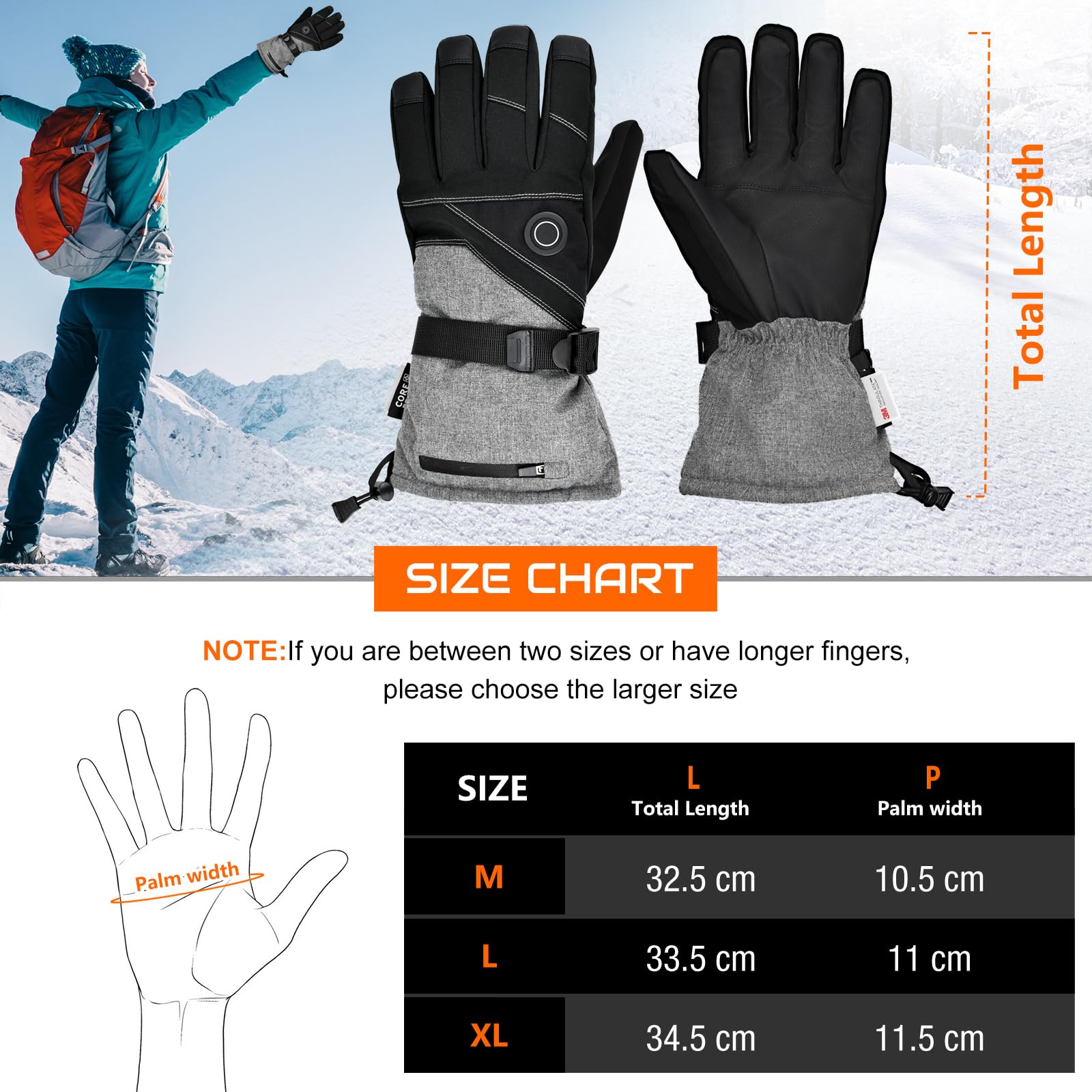 COREEGDE Gants chauffants, gants chauffants pour homme et femme, gants chauffants, gants de ski électriques avec batterie 7,4 V 3000 mAh, gants pour moto, snowboard, cyclisme, pêche