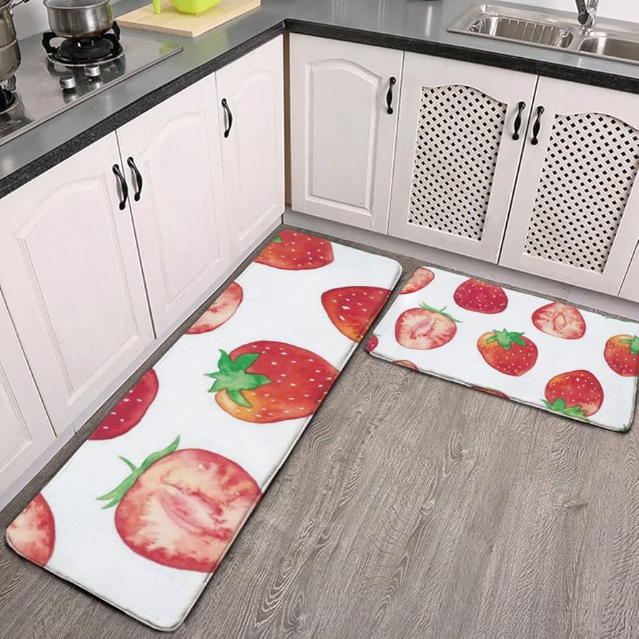 Amazon | キッチンマット 果物 苺 イチゴ柄 ハット柄 フルーツ柄