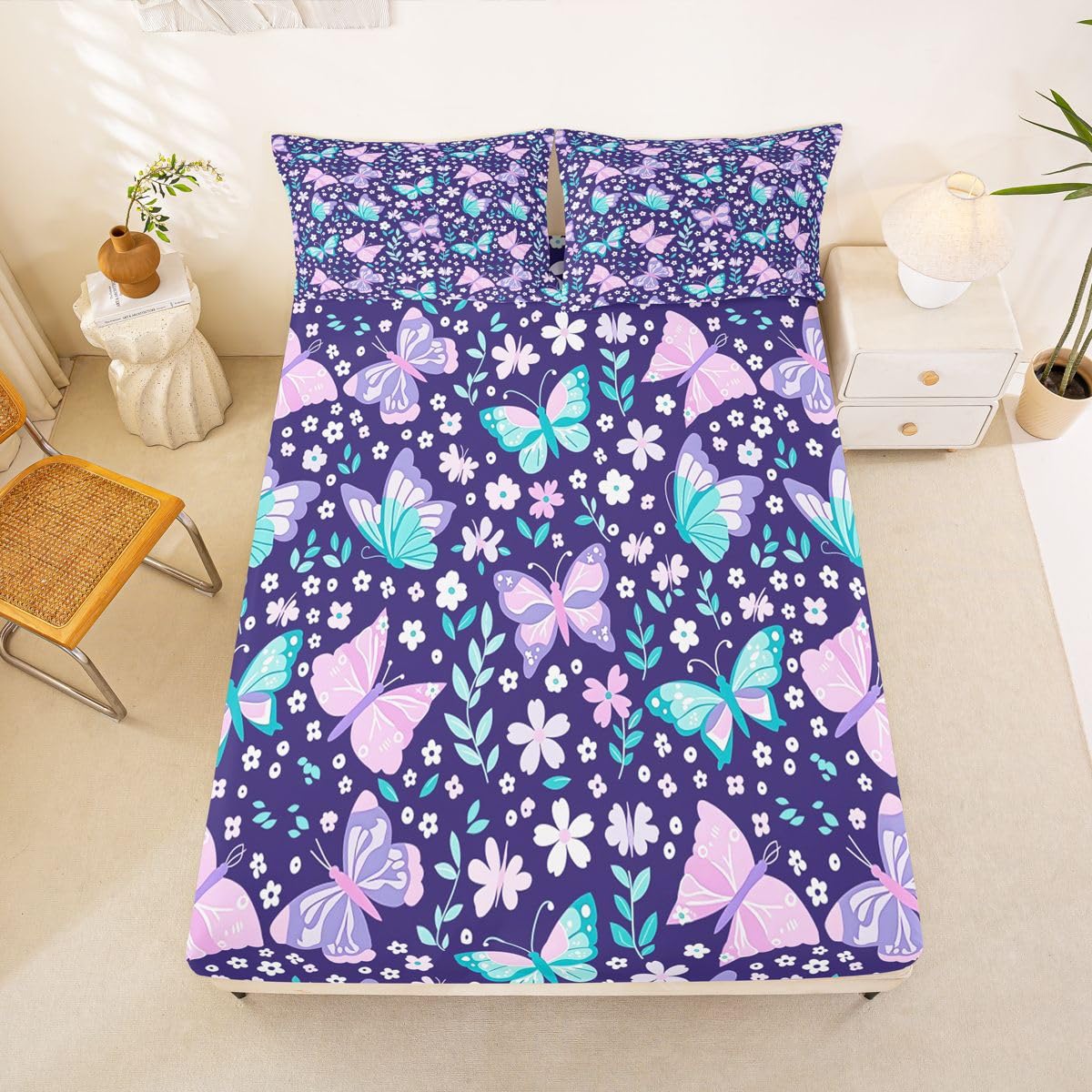 Homemissing Sábana bajera ajustable con 2 fundas de almohada, tamaño King, con estampado de mariposas moradas de 16 pulgadas de profundidad, sábana bajera ajustable para niños y niñas, bonita ropa de