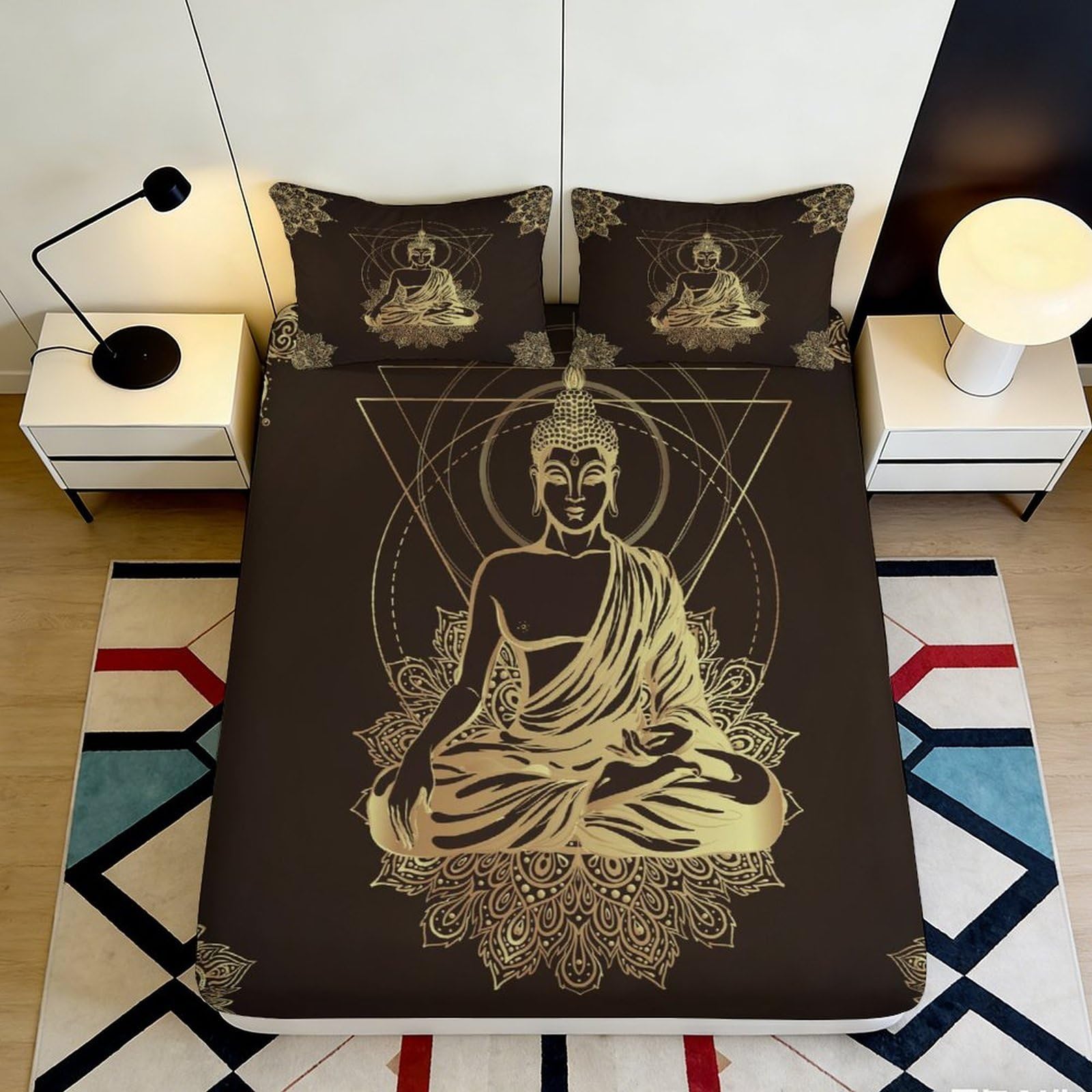 3D Printed Gold Buddha Mandala Fitted Sheet Microfiber Non-Slip Mattress Cover Machine Washable for Bedroom Guest Room Decor 140x200x25cm