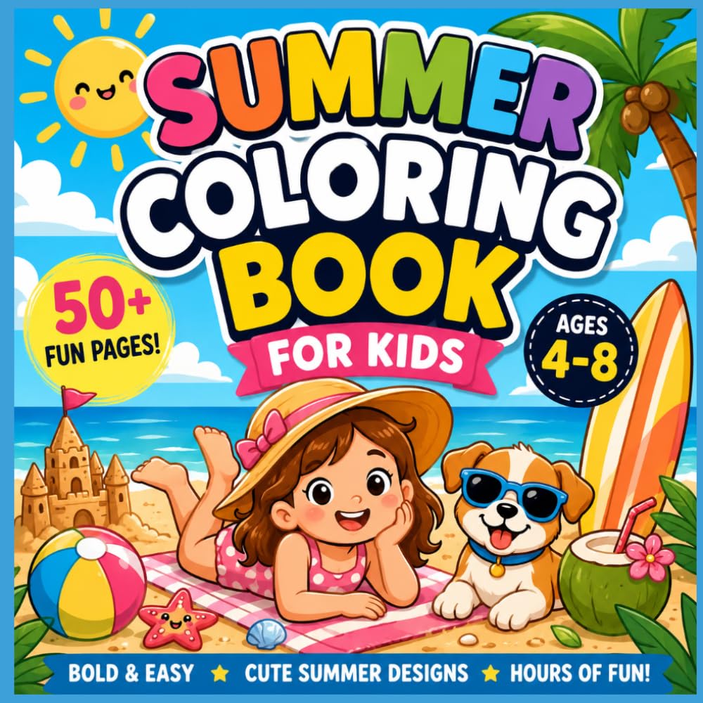 Cozy Summer Coloring Book for Kids Ages 4-8: Bold and Easy Beach, Vacation, Ocean, Tropical and Sunny Day Coloring Pages for Relaxation and Fun
