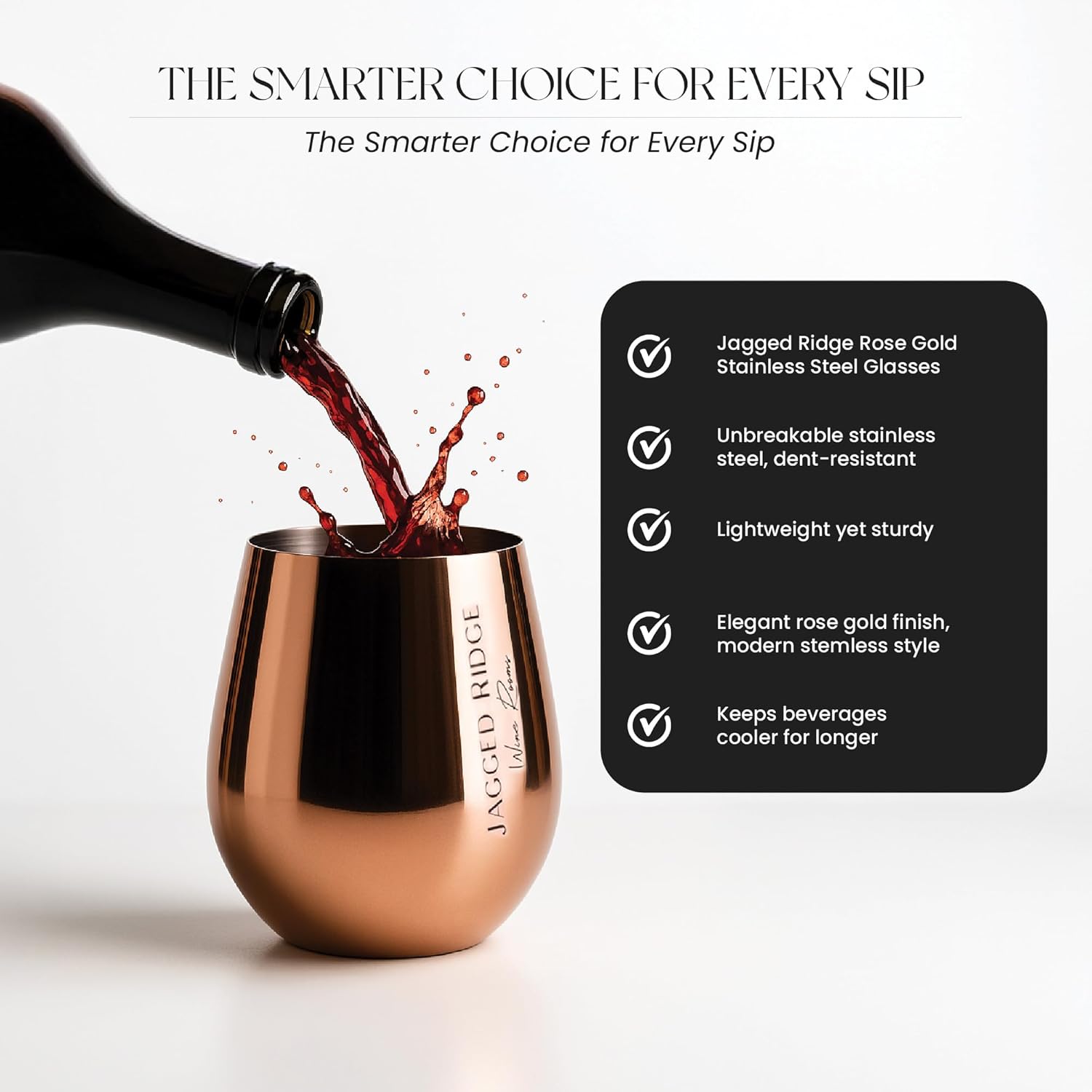 Jagged Ridge Wine Rooms Rose Gold Steel Stemless Wine Glass (Handwash Only) - Stainless Steel Glasses for Parties, Picnics & Special Occasions - Crafted for All Wine Enthusiasts - Set of 4 (Rose Gold)