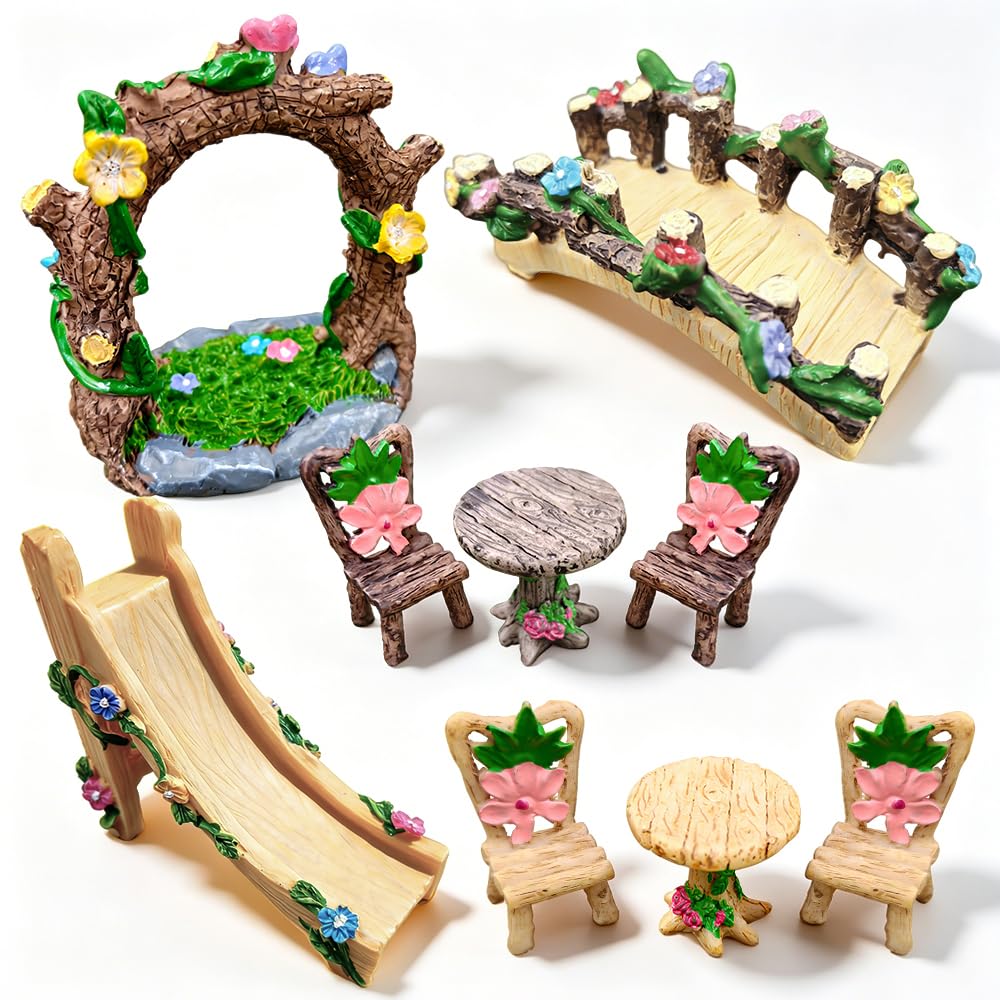 9 Pcs Fairy Garden Accessories, Miniature Garden Kit Landscape Decorations Table and Chairs Set Fairy Garden Furniture Ornaments Bridge Flower Slide Figurine for Dollhouse Terrarium Potted Plants
