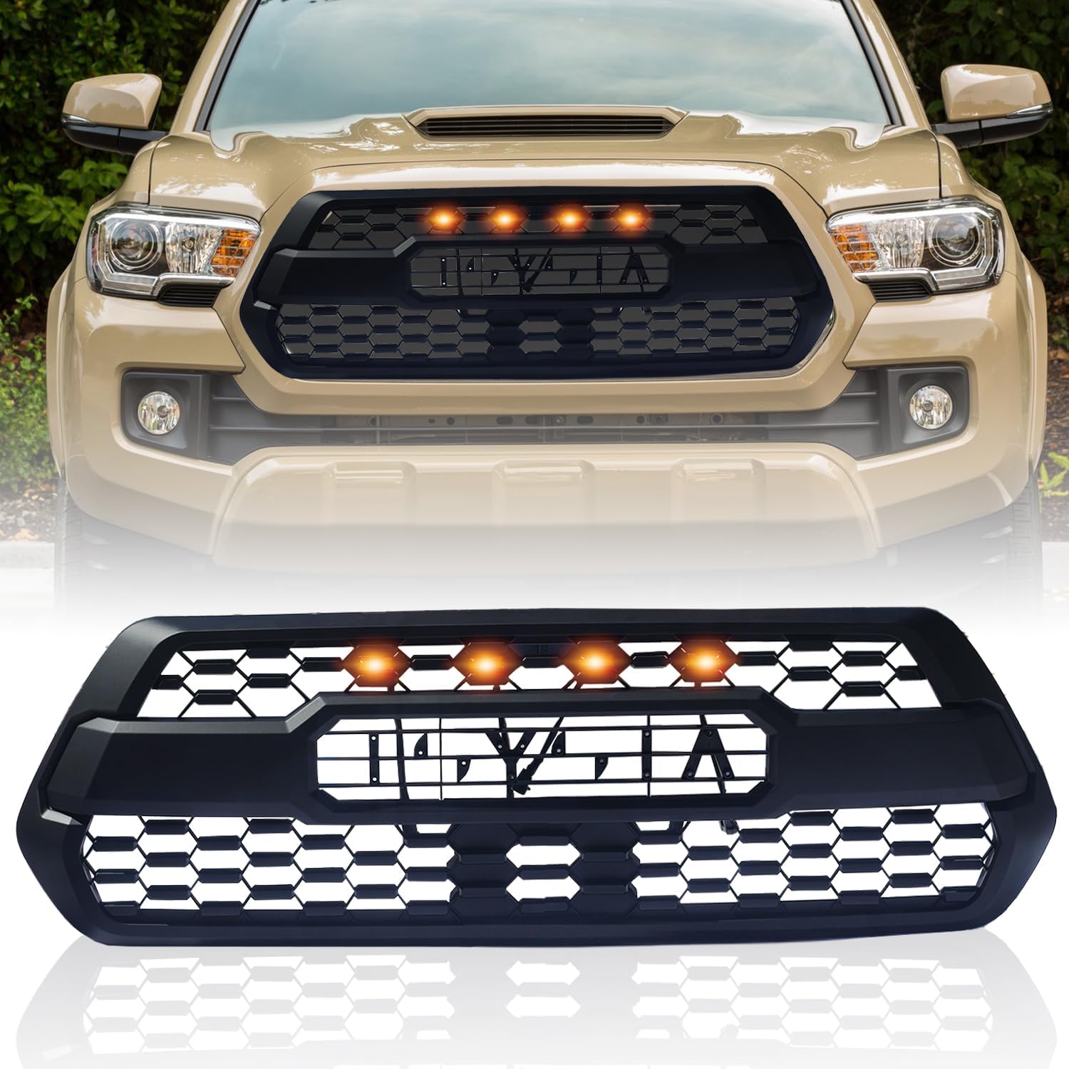 Front Grille for 2016-2023 Tacoma SR, SR5, TRD Off-Road, TRD Sport Extended Cab & Crew Cab, Front Mesh Hollow Bumper Grill with 4 Amber Led Lights Accessories, Matte Black