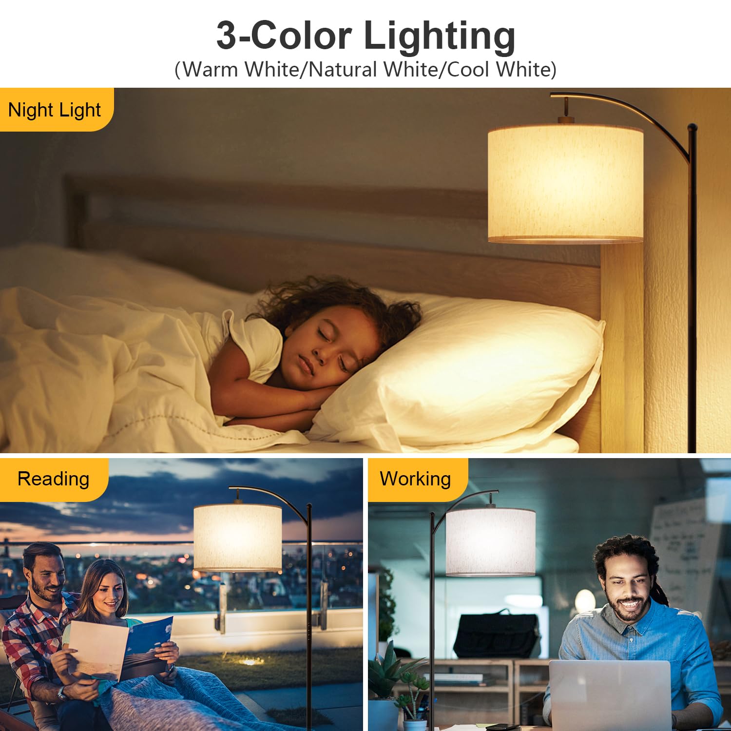 GLUROO Lampada da Terra con Telecomando,Piantana con 3 Cambiamenti di Colore,Luminosità Continua,Lampada da Pavimento con Lampadina Dimmerabile da per Soggiorno,Camera da Letto,Ufficio