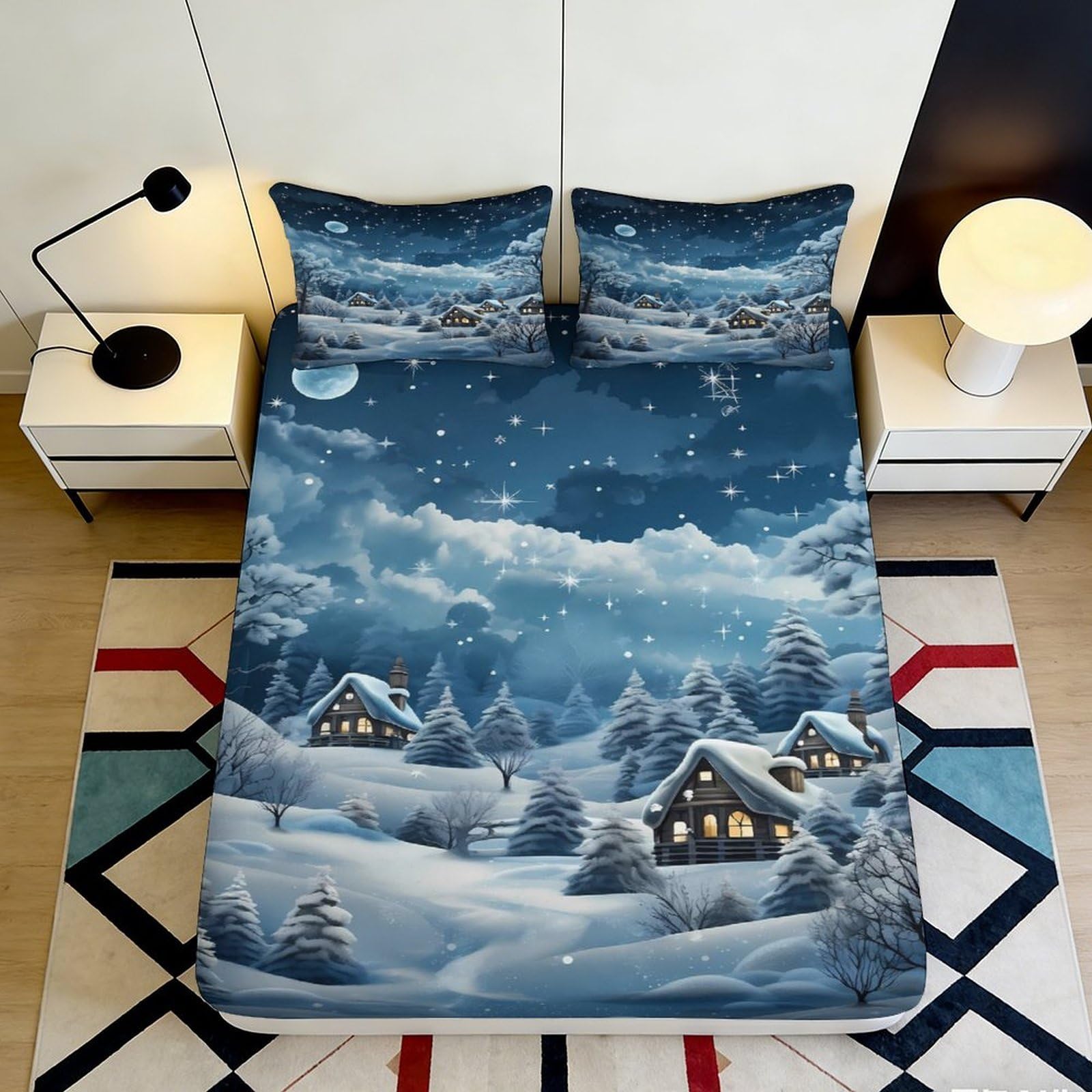 3D Printed Winter Night Village Fitted Sheet Microfiber Soft Mattress Cover Snow Cabin Bed Decor for Bedroom Guestroom 90x200x25cm