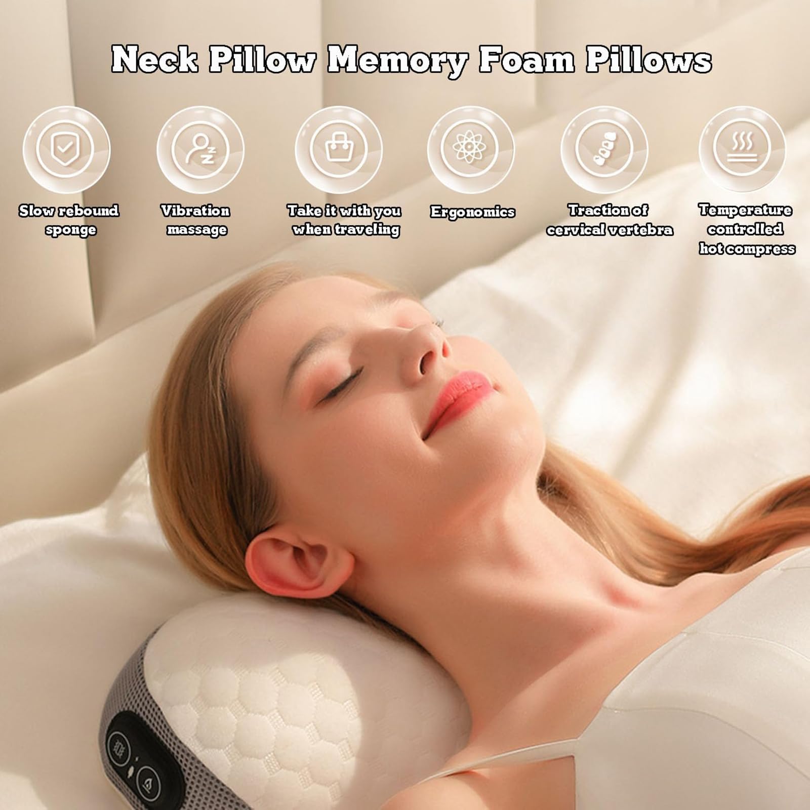 Cuscino per massaggio cervicale, riscaldamento USB, memory foam, cotone traspirante, massaggio e trazione con vibrazioni, sollievo dalla rigidità per casa, lavoro e viaggi