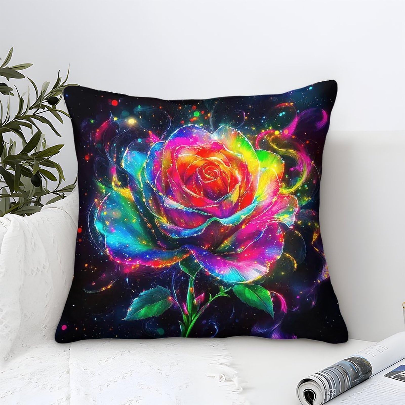 YYVKPMLXC Rose Cushion Cover Modern Art Decorative,Starry Sky Rainbow Pattern Square Pillow Cases,Soft Polyester Throw Pillow Cases for Living Room Sofa Couch Bed Pillowcases 40x40cm