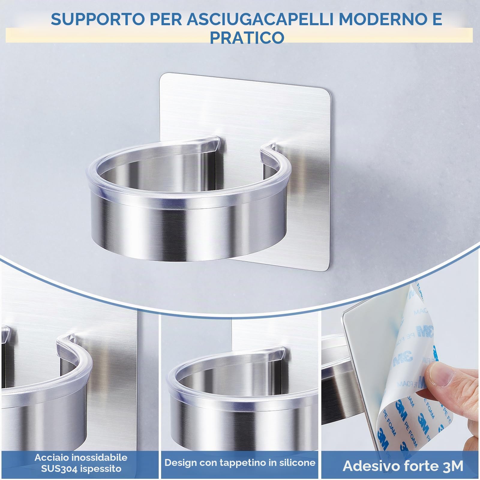 YYBO Porta phone bagno da muro, porta asciugacapelli da parete, porta phon da muro, in Acciaio Inossidabile porta phon senza foratura Supporto asciugacapelli per Bagno, Barbiere, Hotel