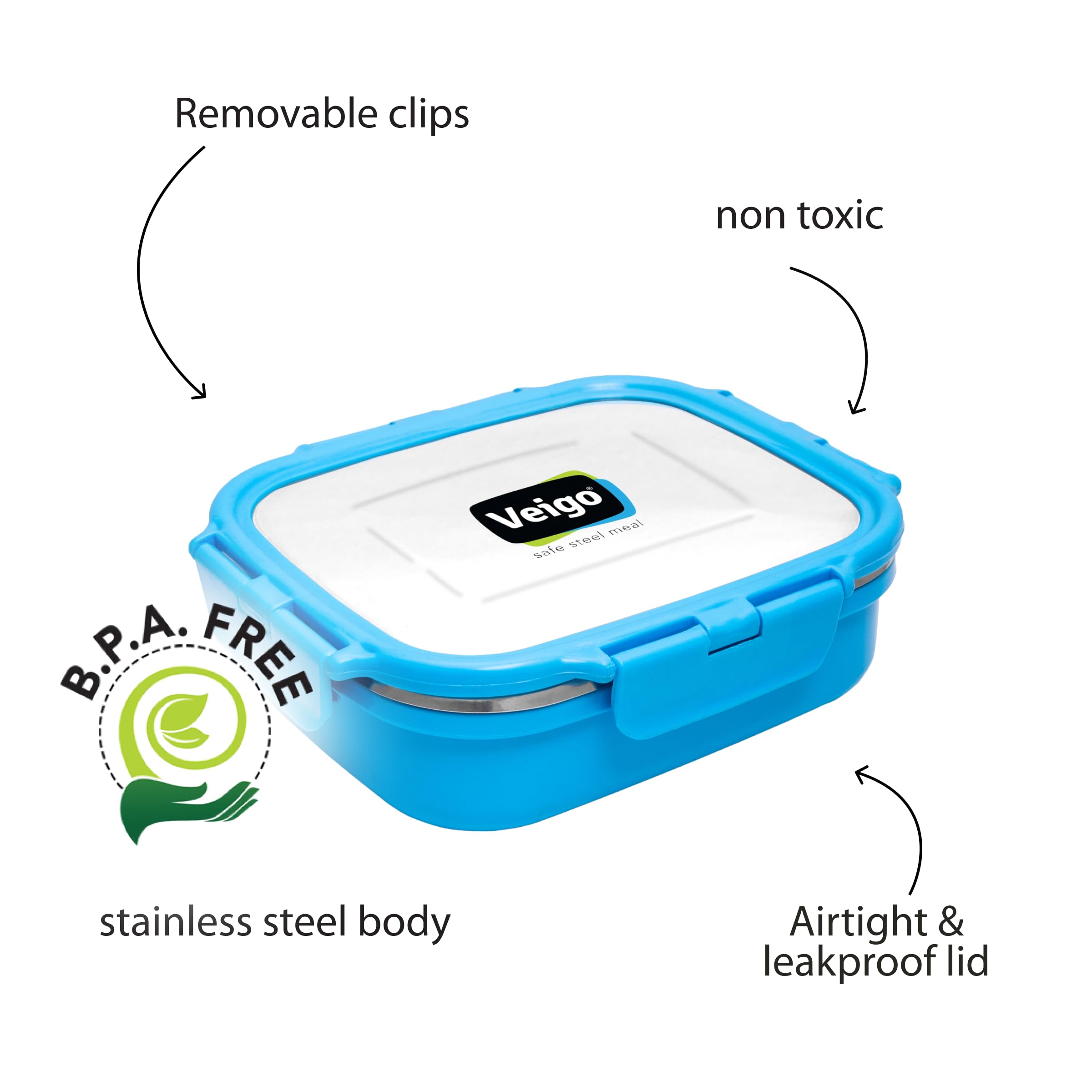 Veigo Stainless Steel Lunch Box, Rectangle Blue Container, Insulated & Leakage-Proof Tiffin (630ml), Microwave Safe, Ideal for Office & Kids 4