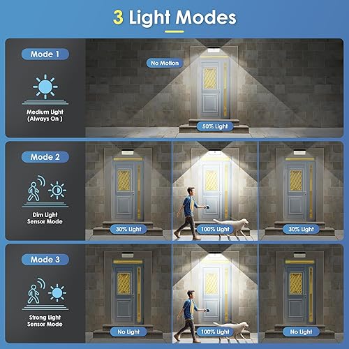 Miniatura 5 de Luces solares mejoradas para exteriores, paquete de 4 418 luces LED con sensor de movimiento, luces de seguridad de 3 modos, luz de pared