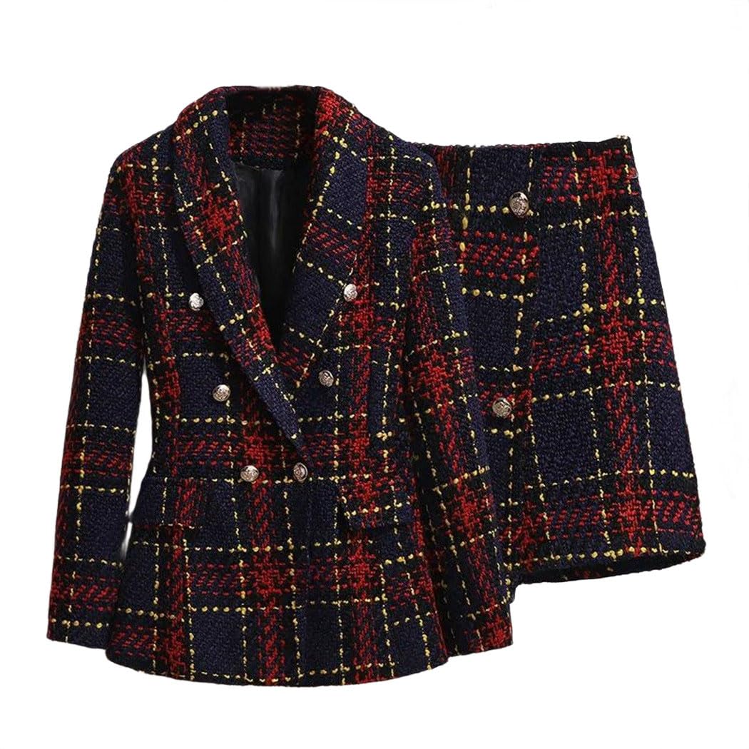 Women Tweed Blazer and Culottes Skirt Set Elegant Jacket Coat Winter Work Office Two Piece Outfit