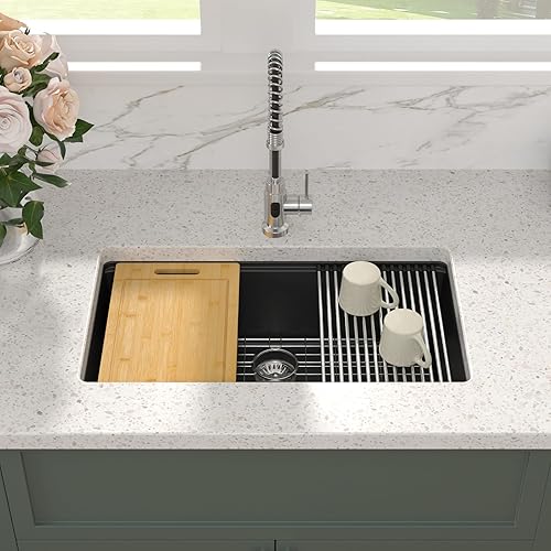 Miniatura 3 de Sarlai - Fregadero de cocina negro 33 compuesto de granito - Fregadero de cocina de 33 x 19 pulgadas, estación de trabajo de montaje inferior, color