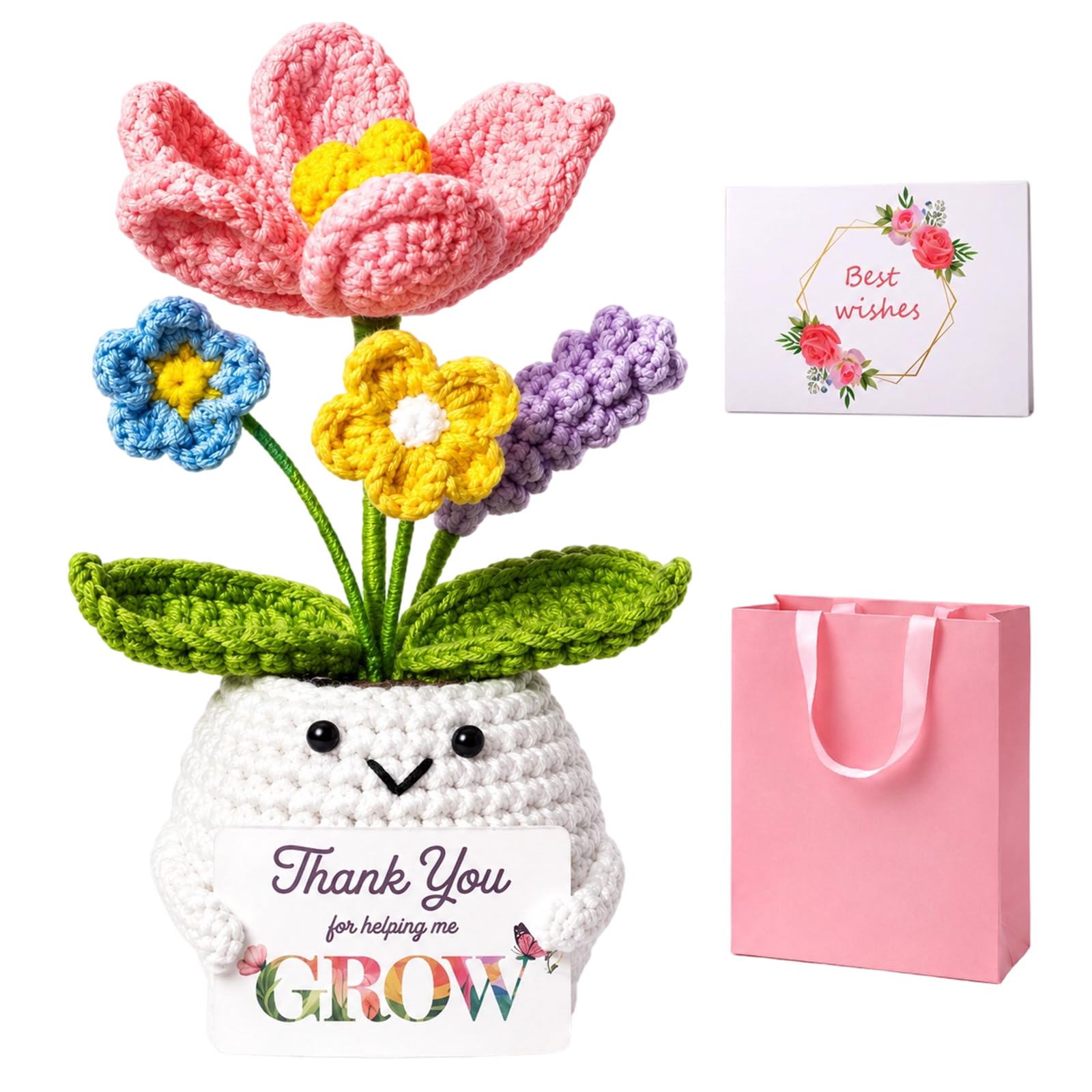 KAZGVN Thank You for Helping Me Grow, Crochet Flower Gift Set, Meaningful Appreciation Gifts for Teachers, Colleagues, Mentors, Knitted Potted Flowers with Cards, 15 cm by 6 cm by 20 cm