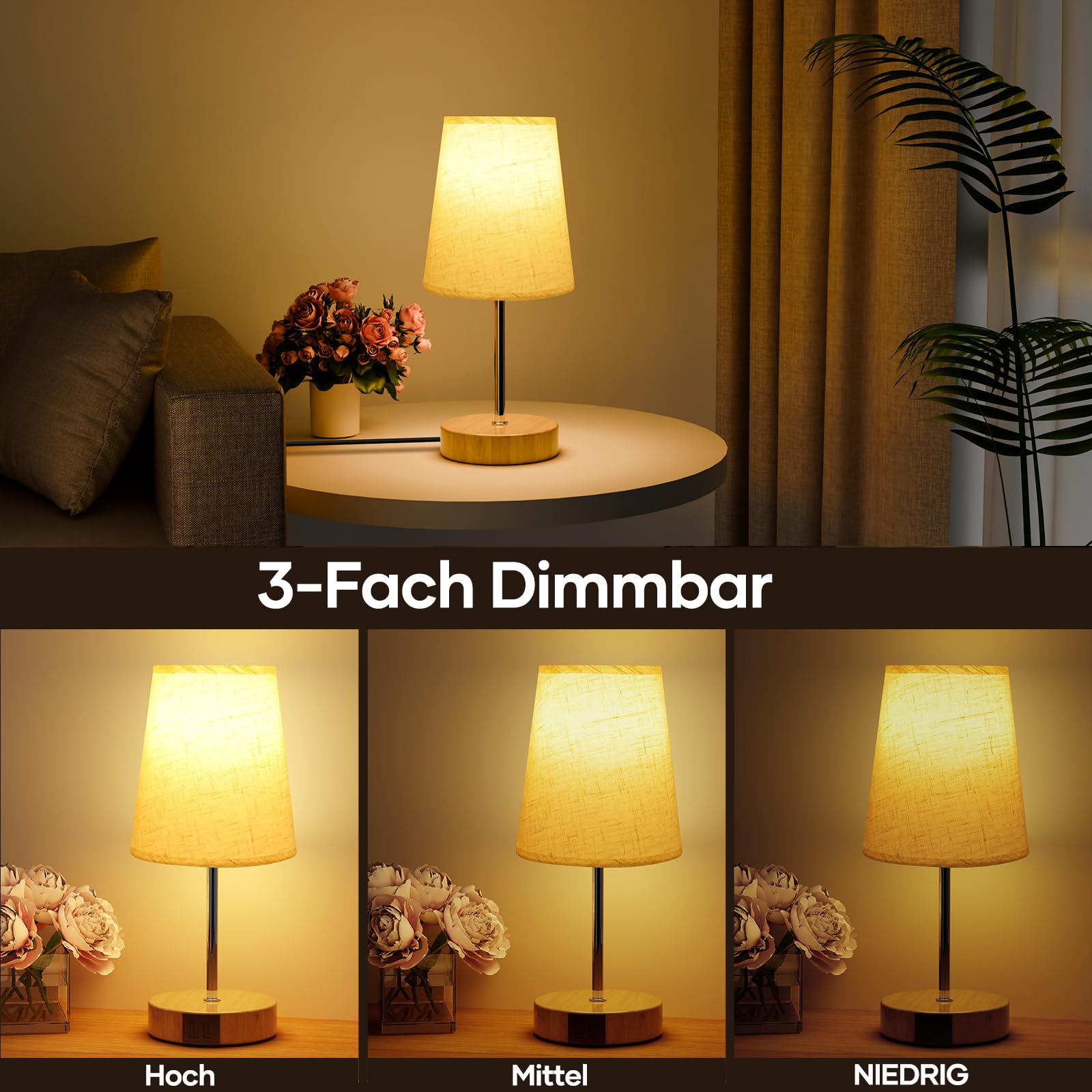 Suright Nachttischlampe Touch Dimmbar, Tischlampe mit USB A+C Ladeanschlüssen, Leinen-Lampenschirm, Holzsockel, Kleine Lampe für Nachttisch Schlafzimmer Wohnzimmer Gästezimmer (LED-Birne Inklusive)