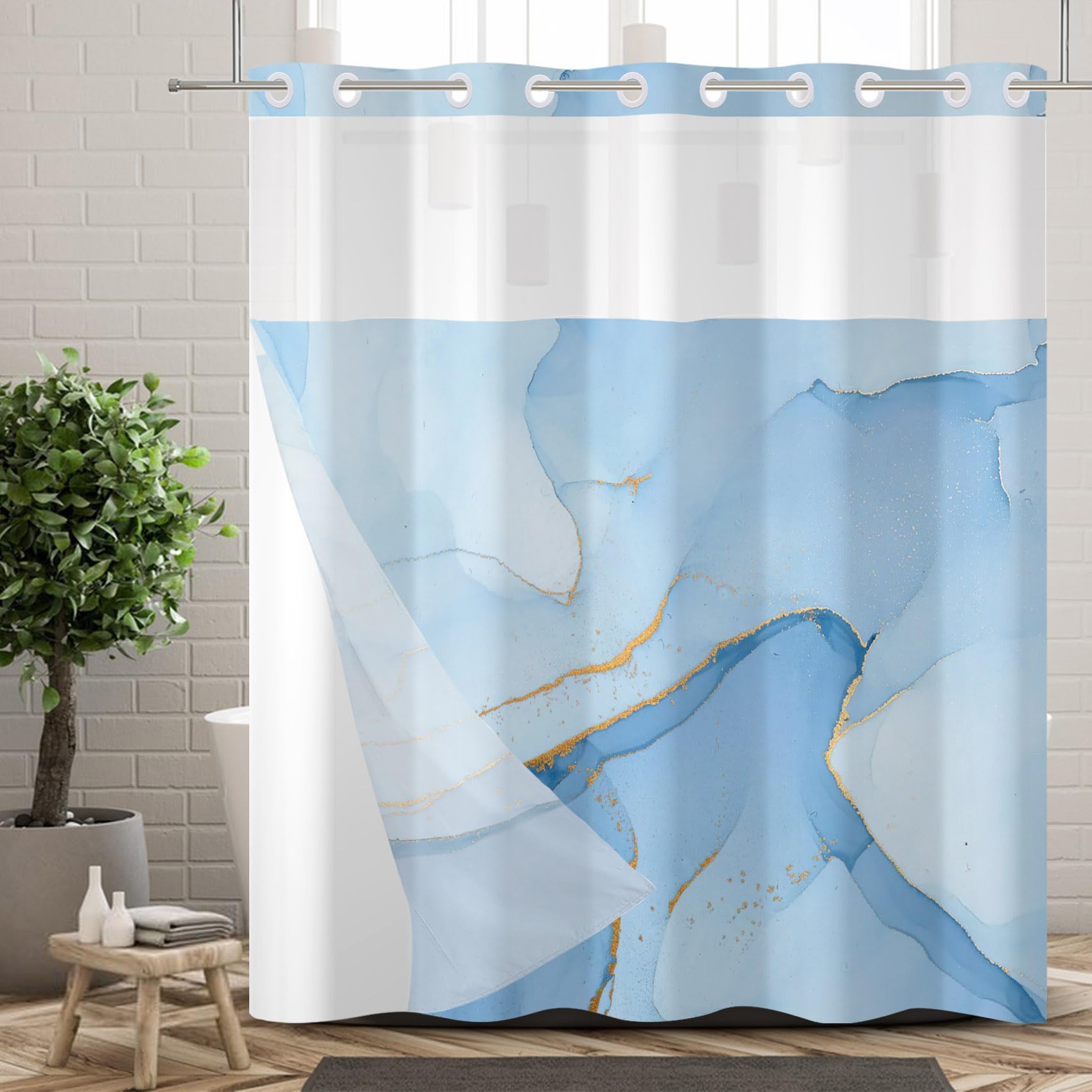 Ttincceer Hook-less Shower Curtain with Snap-in Liner Blue Marble with Gold Shower Curtain and Liners Set Double Layers Bathroom Curtain with See Through Mesh Window Waterproof 71x86inch