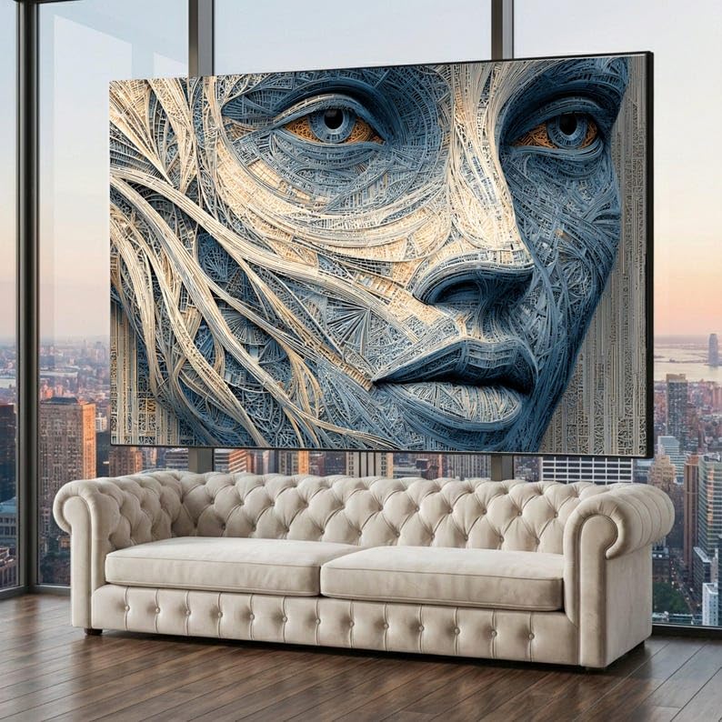 Tableau abstrait sur toile portrait géométrique moderne de 60x90 cm avec cadre intérieur bleu