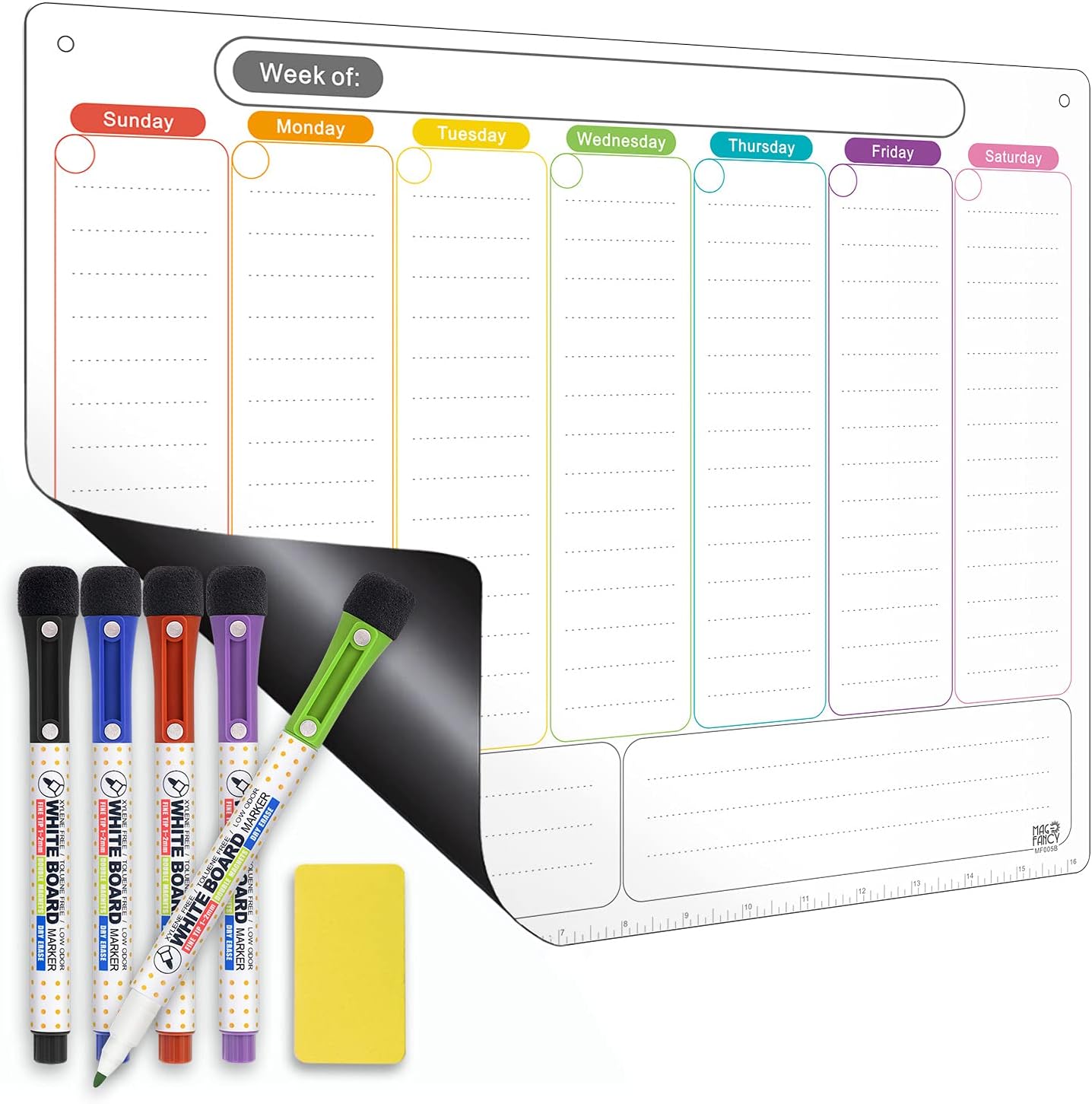 Magnetic Calendar for Refrigerator. with Lines Horizontal Weekly Dry Erase Fridge Calendar Whiteboard Meal Planner Menu Board - Thickened Magnet Upgraded Fine Tip Marker & Holes for Wall Hanging