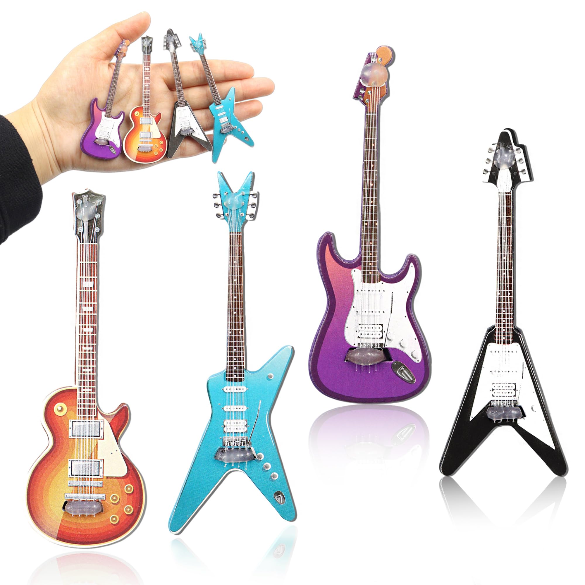 Lot de 4 guitares miniatures : mini-guitare électrique et mini-basse - Les Beatles, Paul McCartney, John Lennon, RIngo Starr, George Harrison Lot de 4 guitares miniatures : mini-guitare électrique et mini-basse