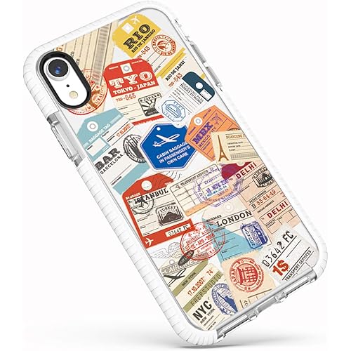 iPhone XR Cute Case,Stylish Funny Boarding Pass Travel Stamps Airline Tags Pattern Case Clear with Design Trendy Transparent Soft TPU Bumper Shockproof Protective Case Cover Compatible for iPhone XR